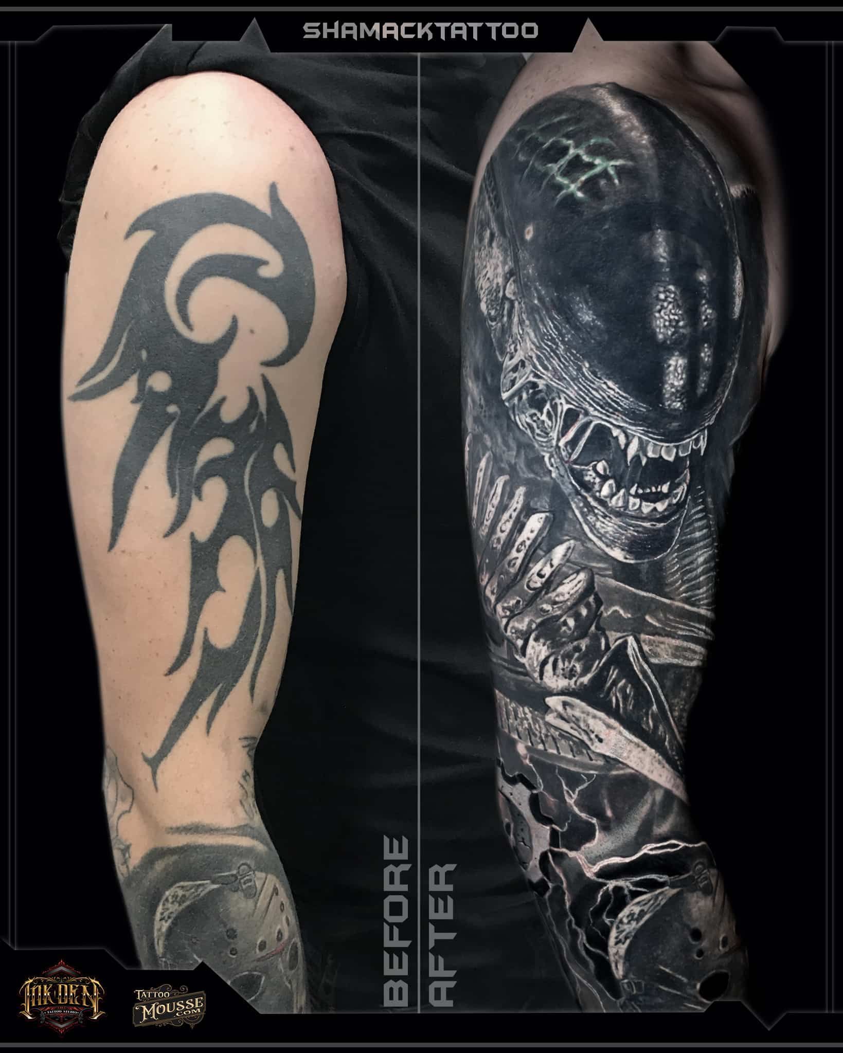 Side-by-side tattoo design on arms: tribal black ink on left, dark creature-themed sleeve on right.