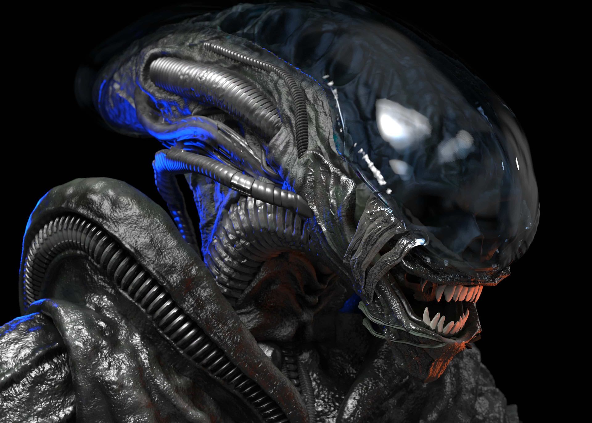 Dark biomechanical alien creature with blue glowing highlights and an open snarling mouth