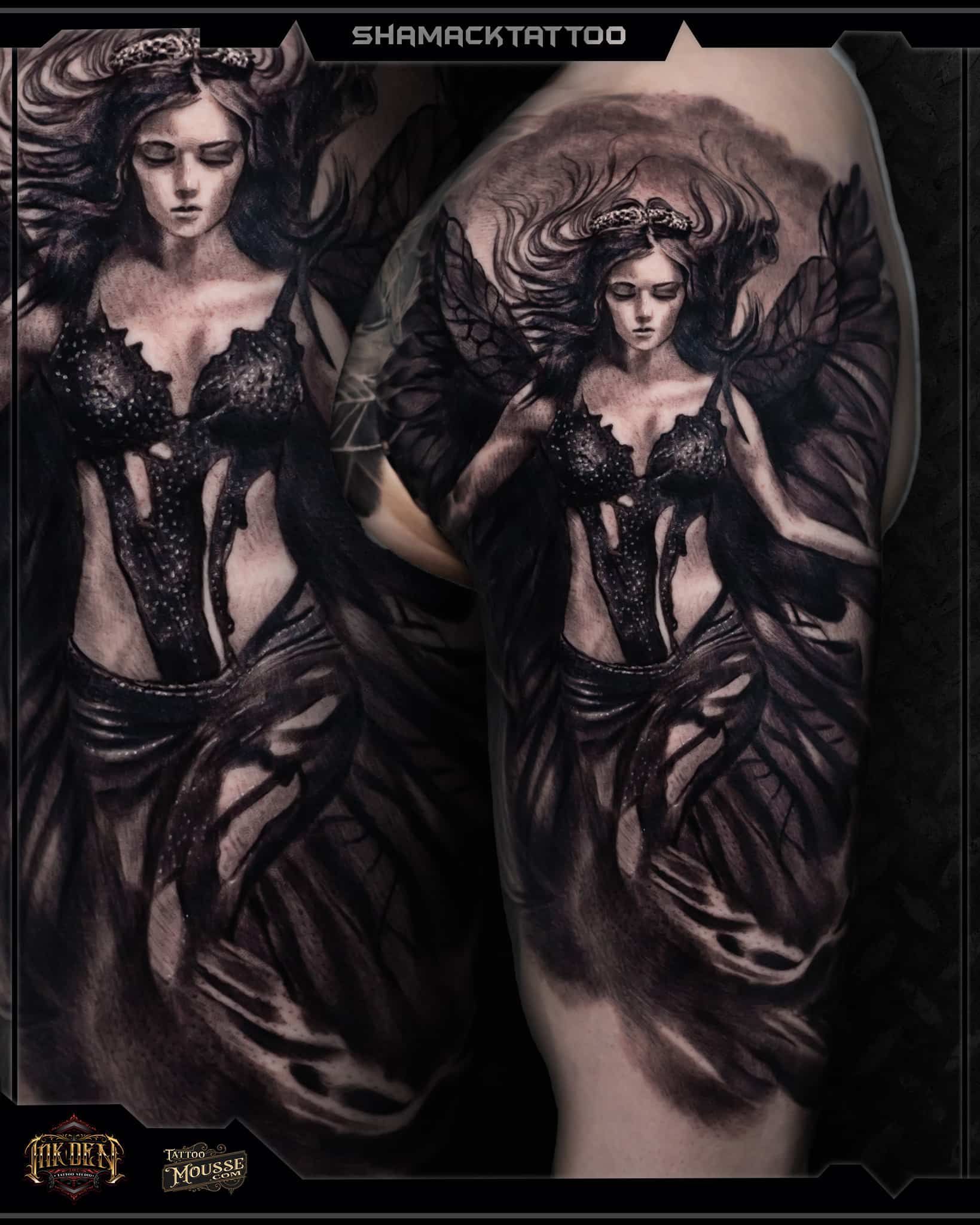 Dark fantasy illustration of two winged women in black corsets, set against a gothic moonlit background.