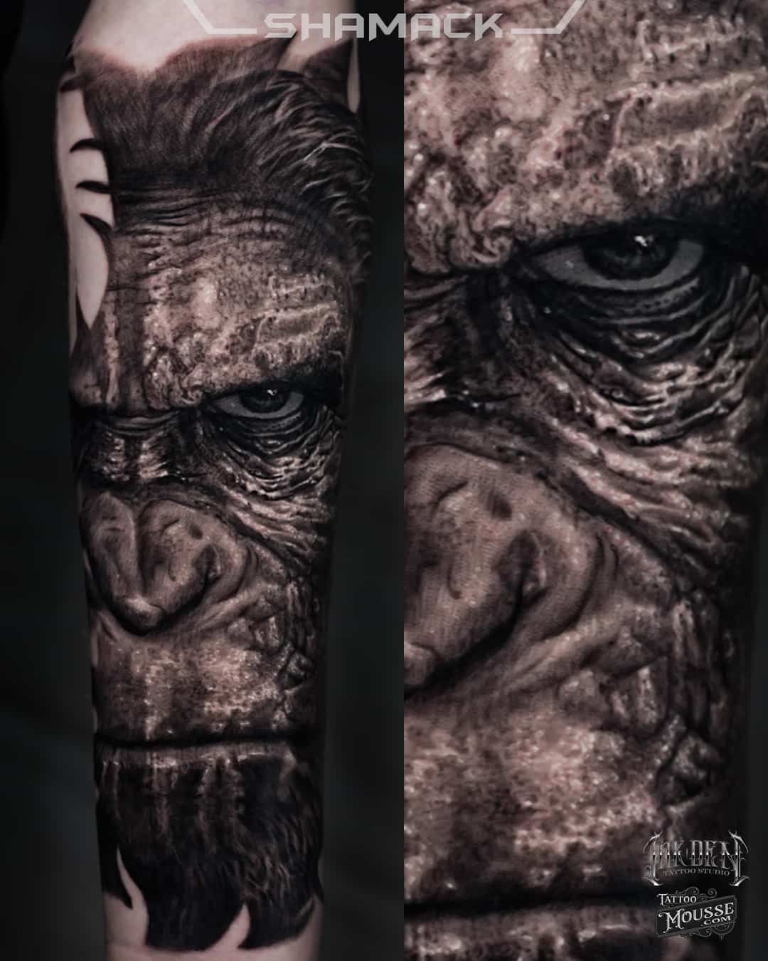Black-and-gray tattoo of a gorilla face split across two forearms, shown in close-up.