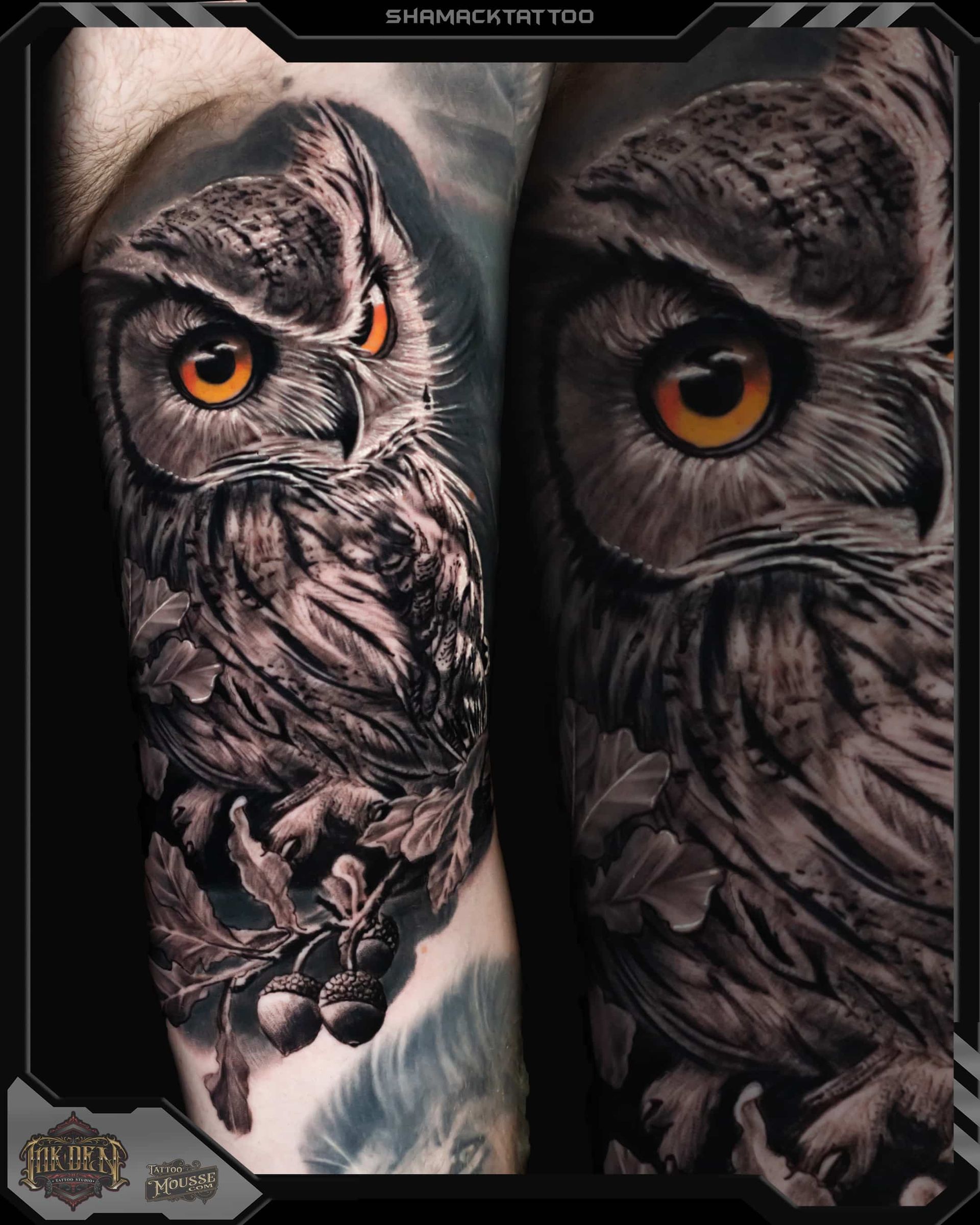 Close-up of a black and gray owl tattoo with a bright orange eye on a person’s forearm.