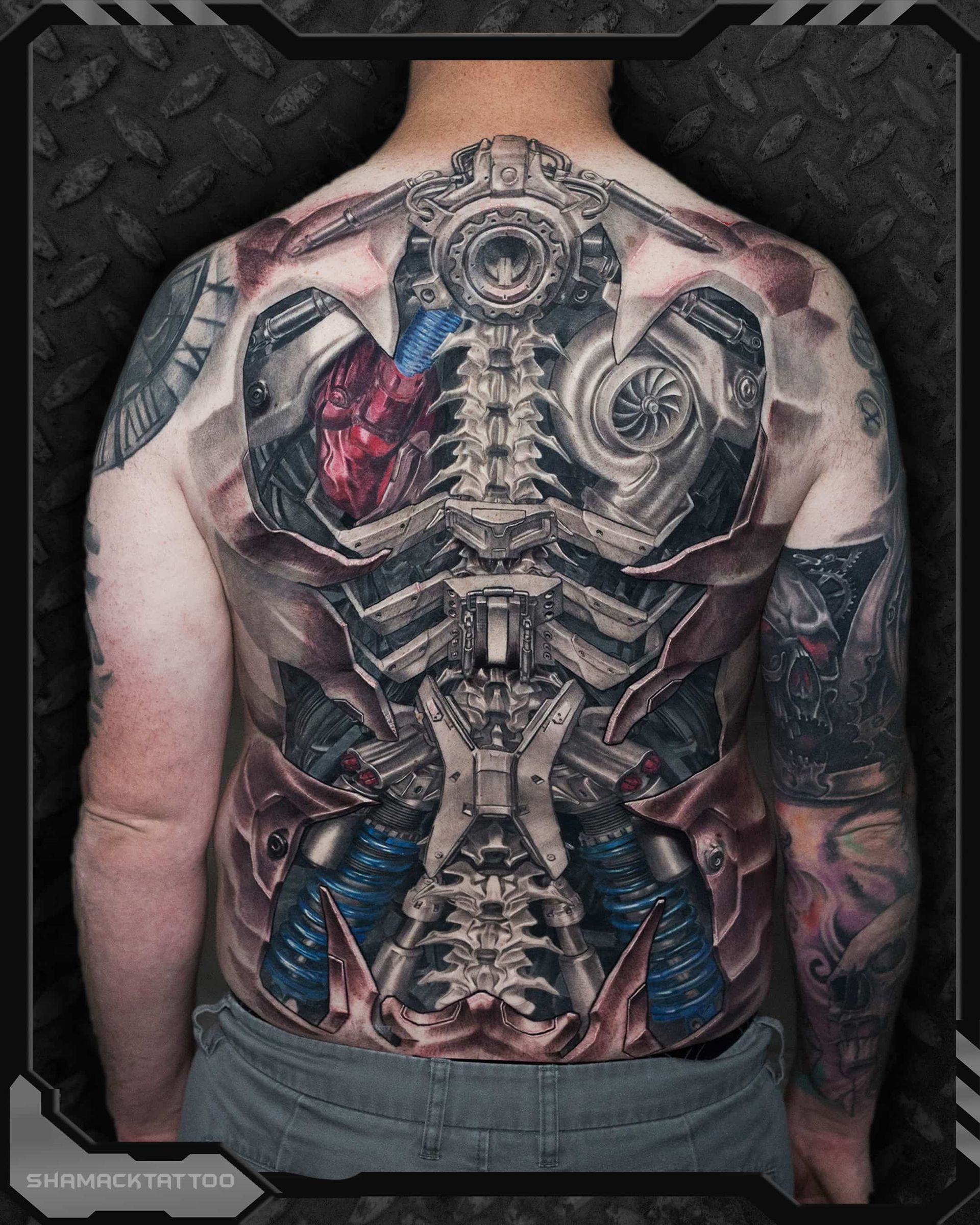 back spine spring coils turbo heart custom realism mechanical automotive 3d biomechanical mechtattoo tattoo Shamack Inkden