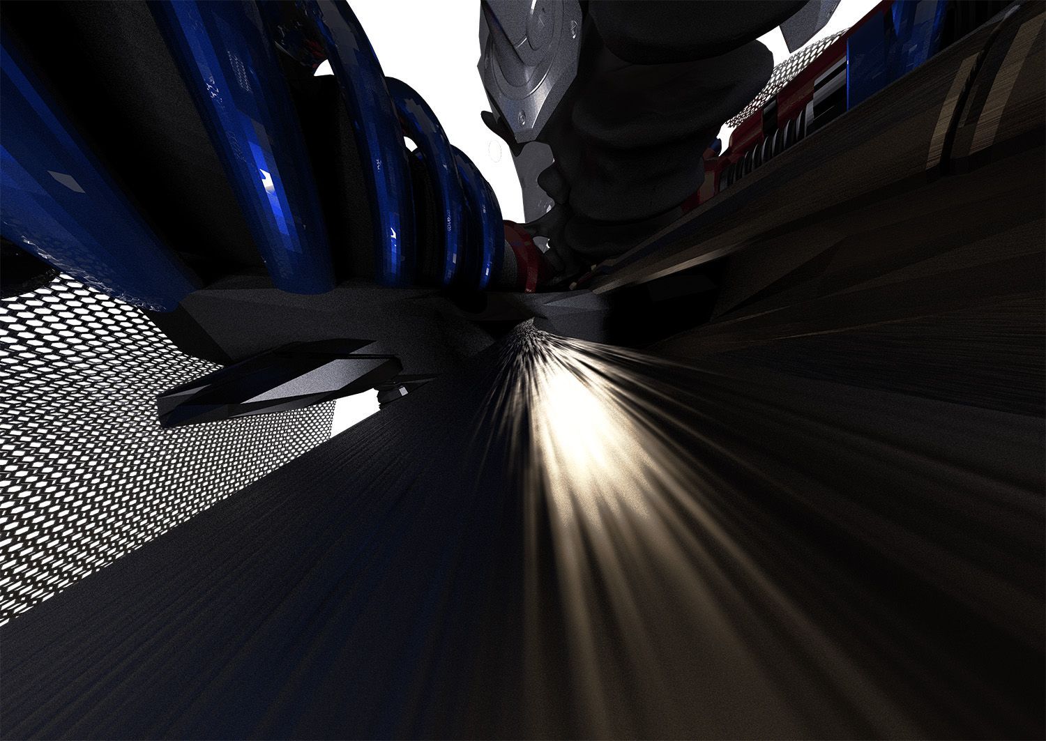 Close-up of blue and black machinery with bright white sparks or light streaming downward