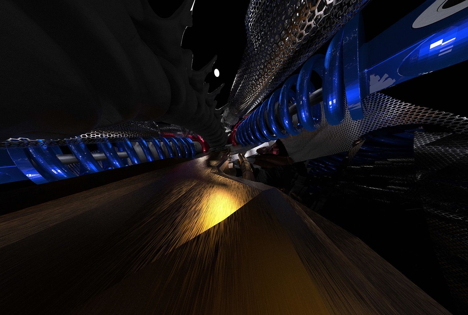 Abstract blue-lit tunnel with a glowing golden center and dark reflective surfaces