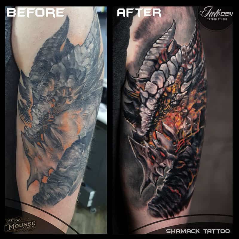 Before-and-after tattoo cover-up on a forearm, changing a dark dragon design into a fiery armored creature.