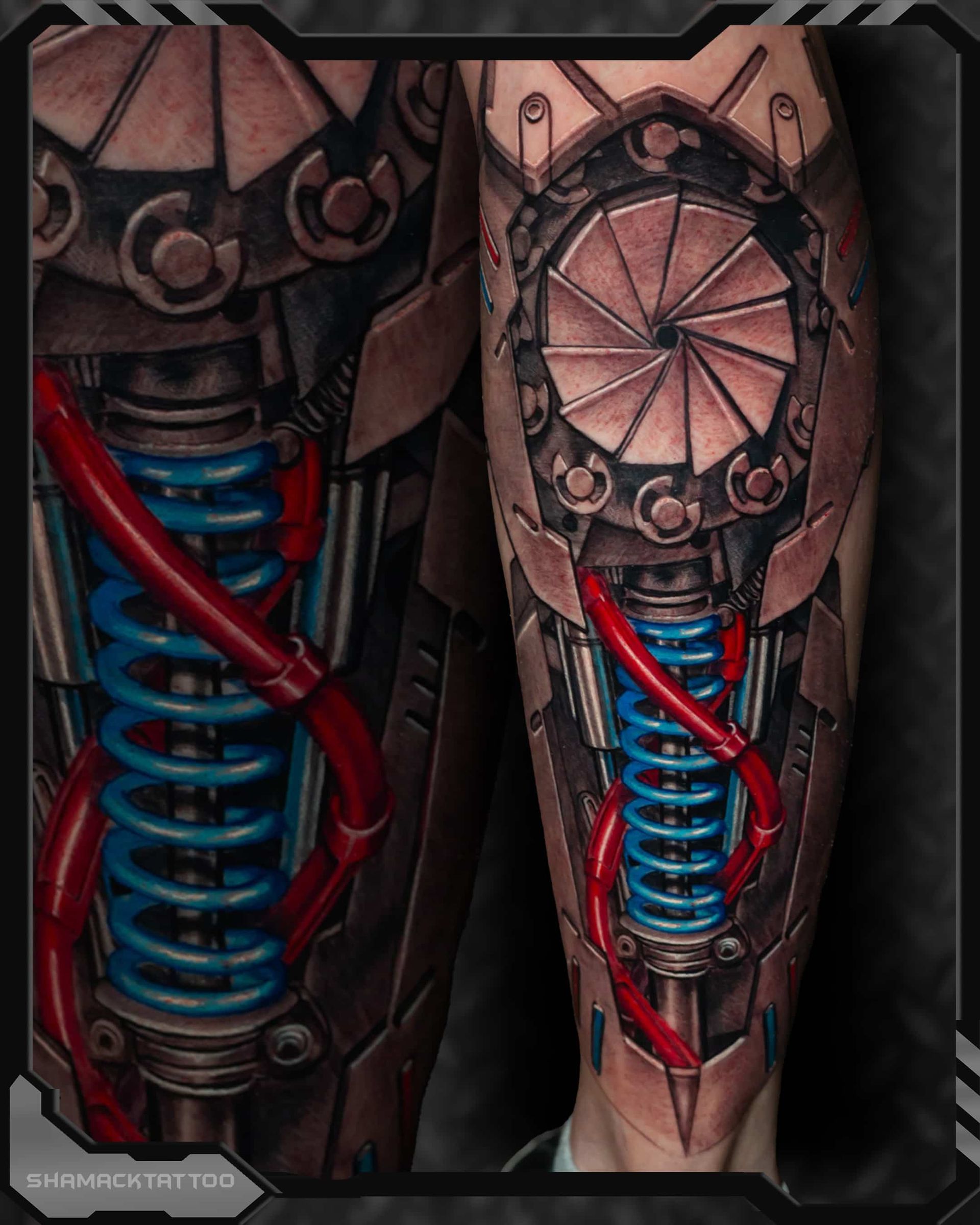 Cyberpunk mechanical legs with red tubing and blue springs, featuring detailed metallic armor.