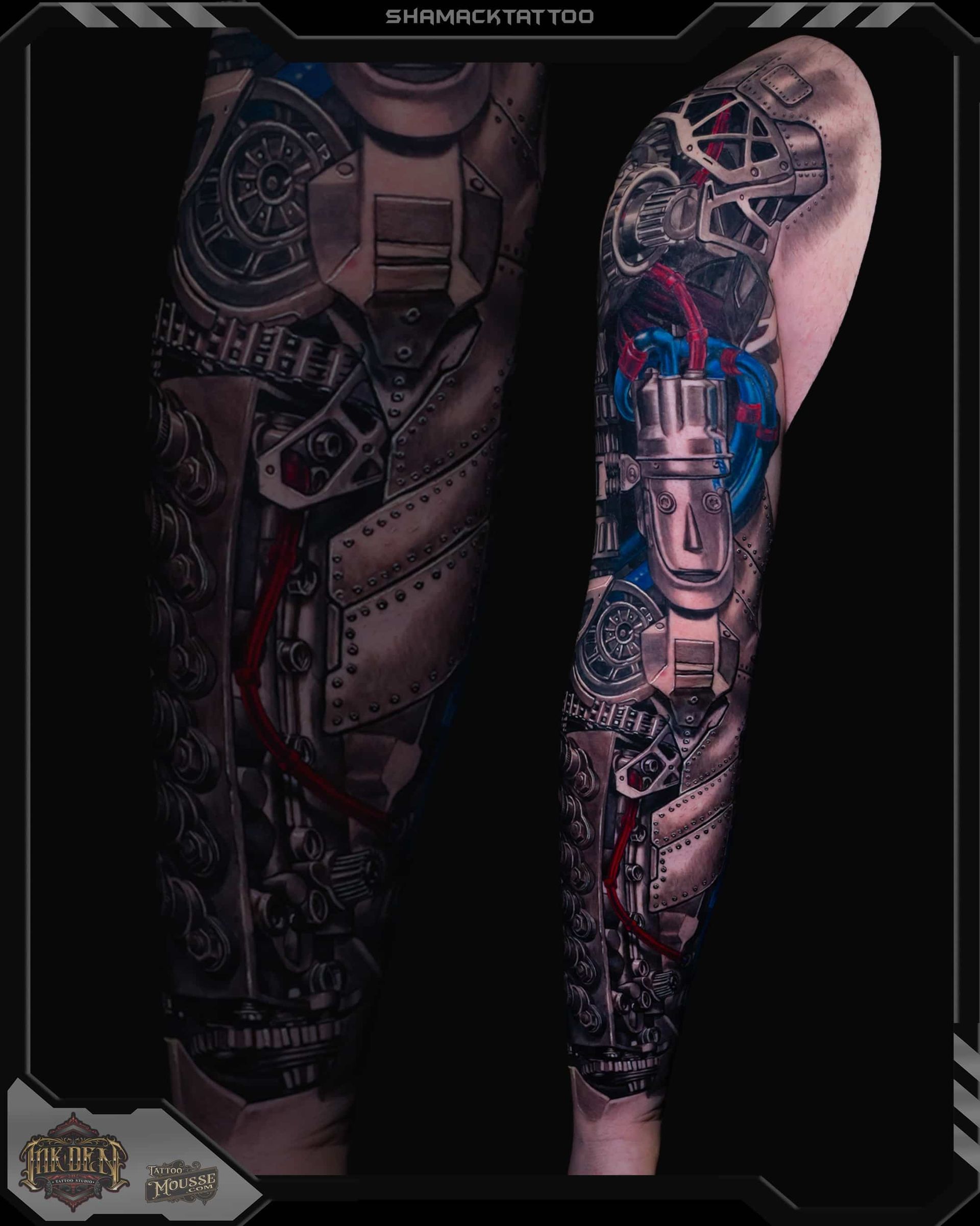 Two tattooed arms with dark biomechanical-style ink designs, shown side by side against a black background