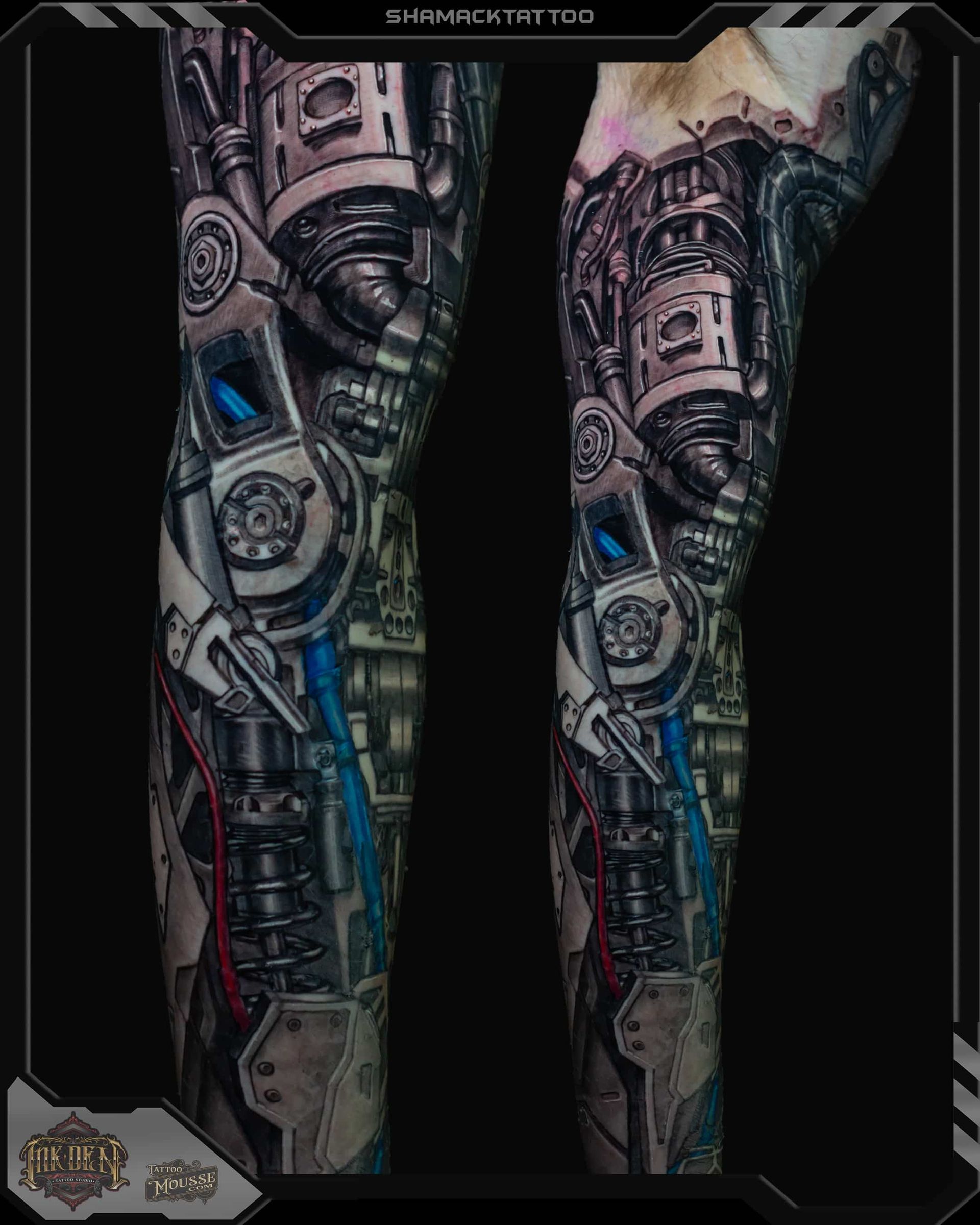 Tattooed lower legs with intricate biomechanical designs in black, gray, and blue