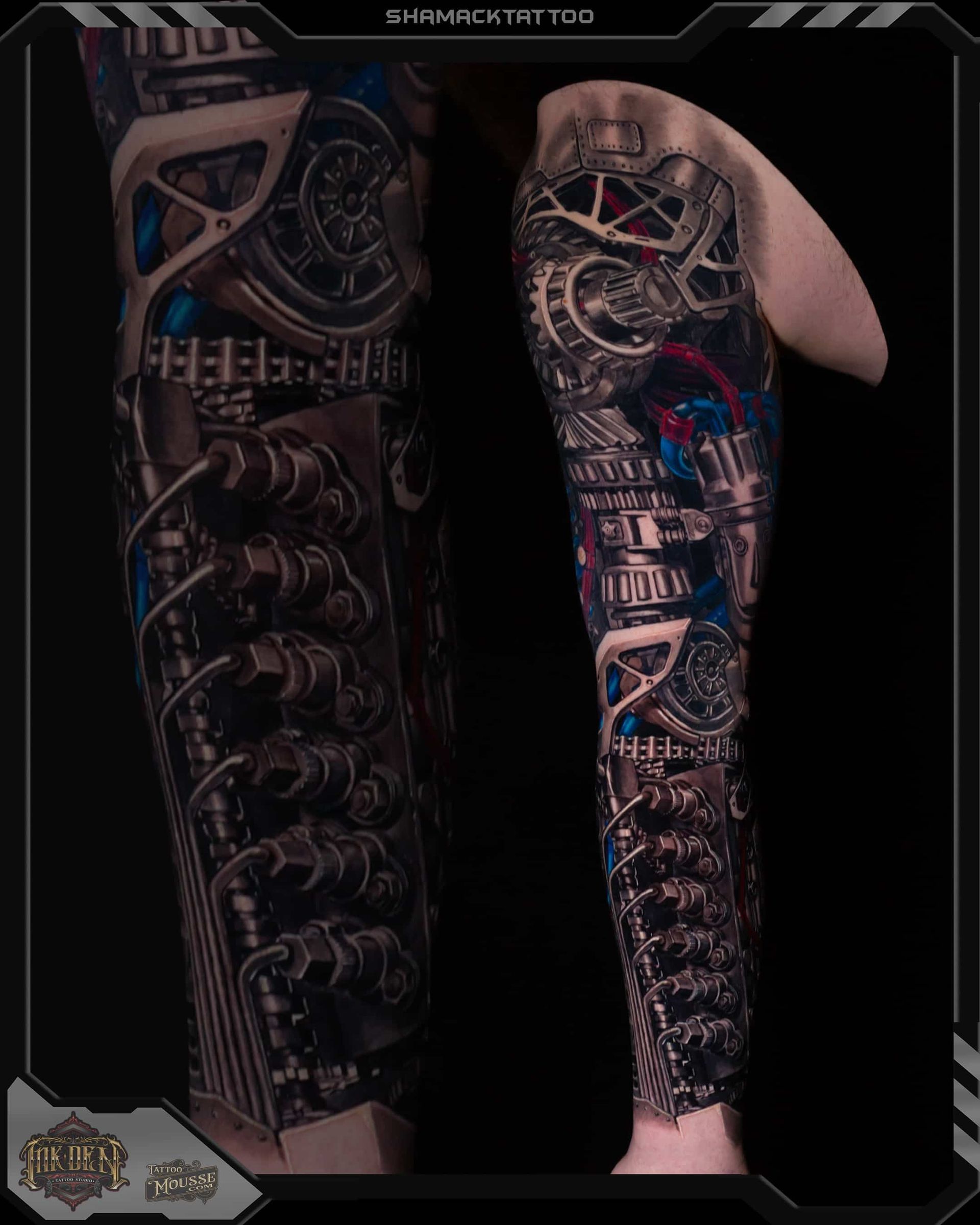 Decorative tattoo design on a leg, featuring dark mechanical gears, bones, and blue-red accents