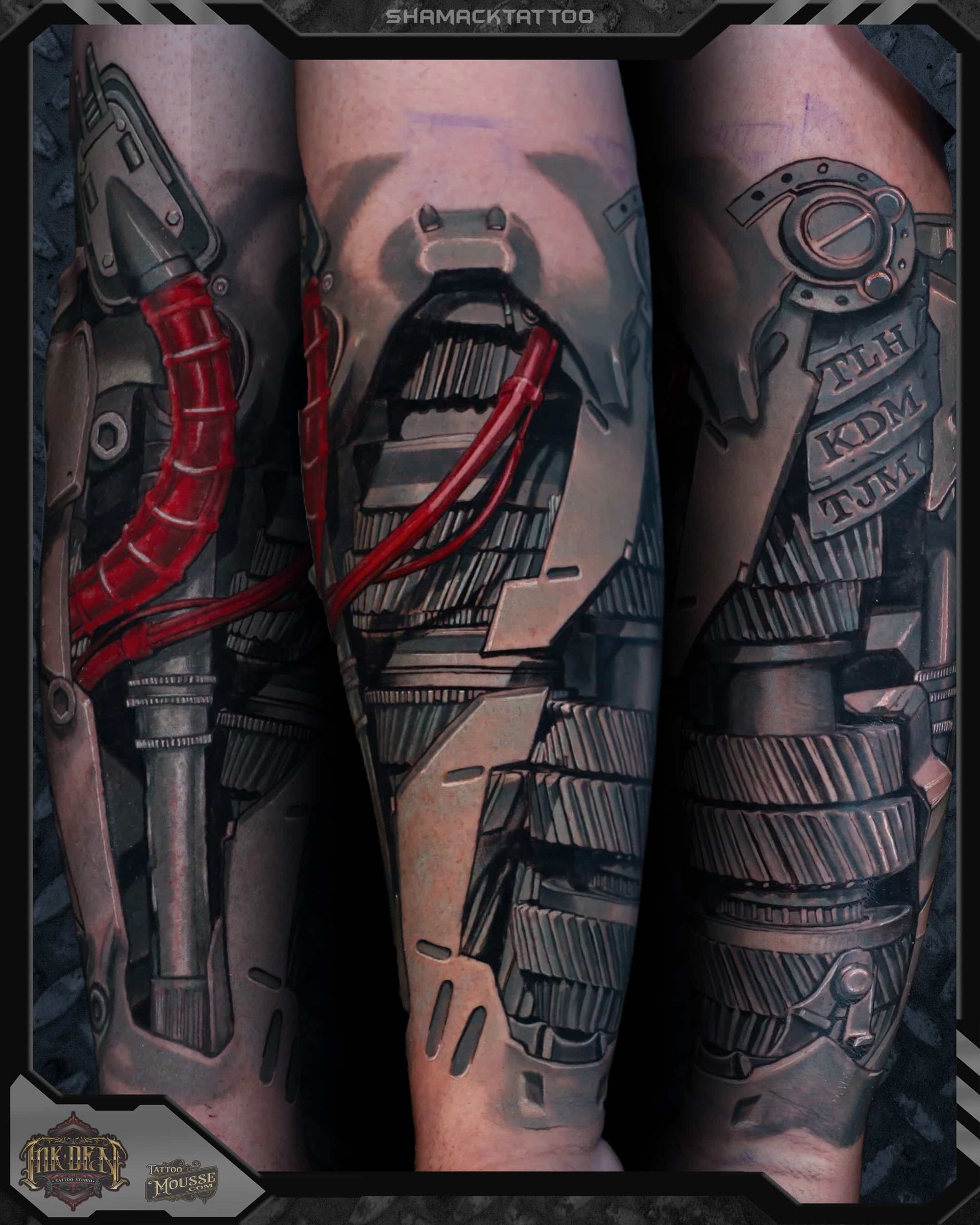 Three tattooed forearms with black-and-red geometric, mechanical-style designs.