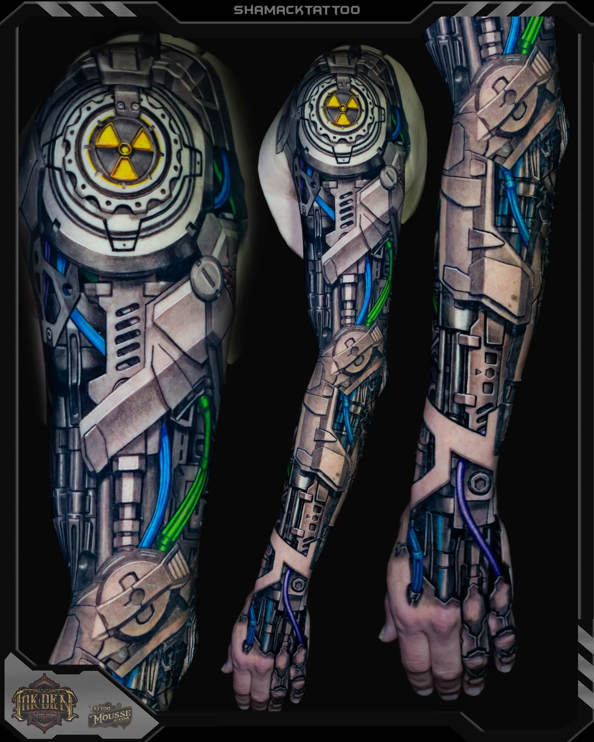 Cybernetic forearms and hands with exposed machinery, blue accents, and glowing reactor-like details.