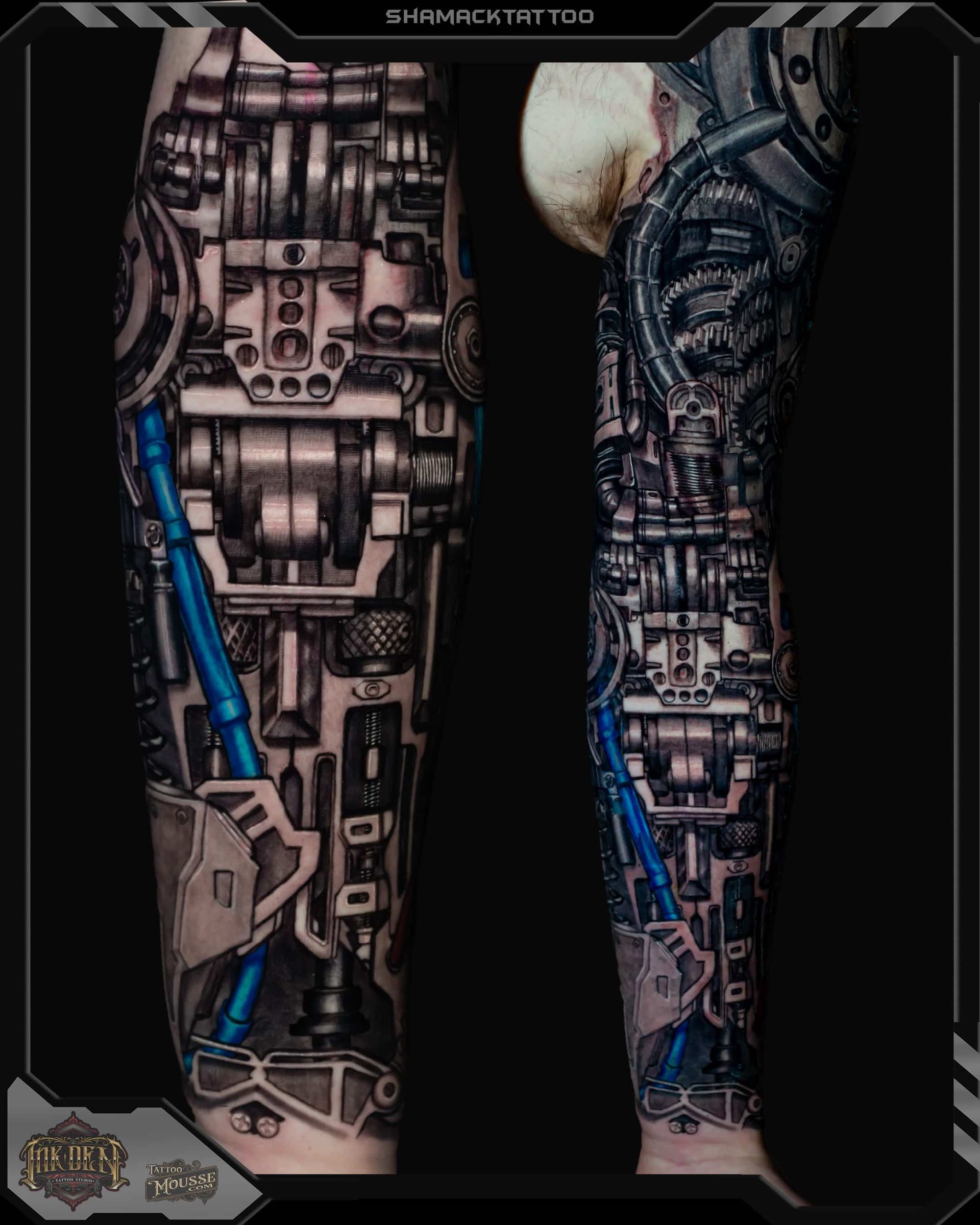 Cyberpunk-style mechanical arm tattoo design with blue wiring and moonlit sci-fi details