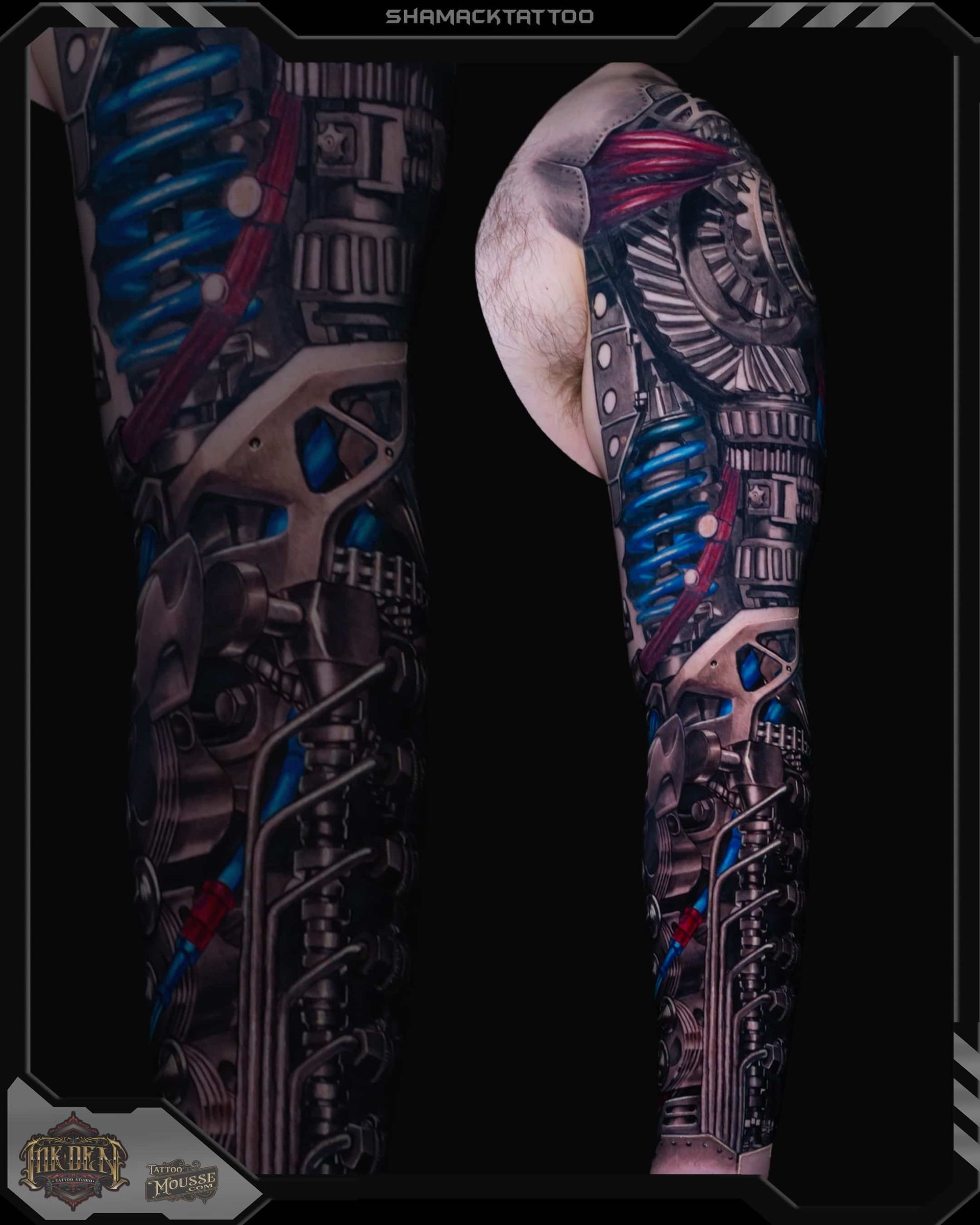 Two tattooed legs with blue and red biomechanical sleeve designs on a dark background