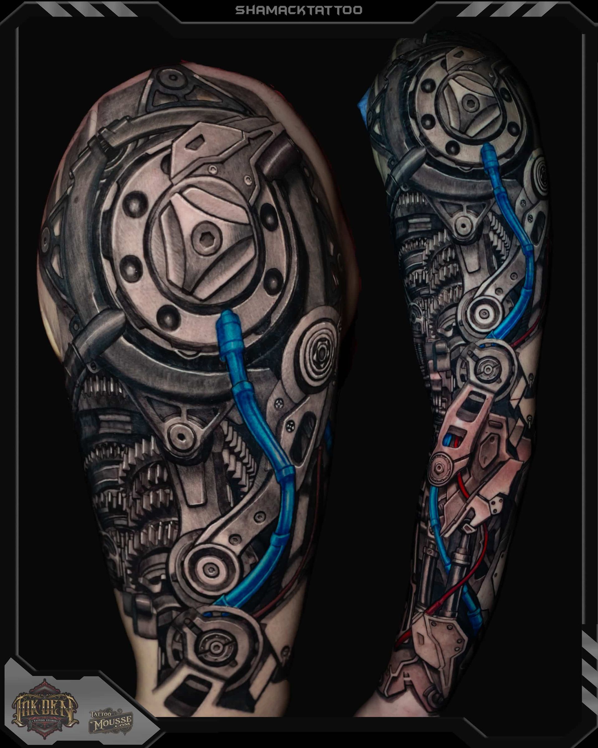 Tattooed arm with a mechanical cyborg design in gray, black, blue, and red accents