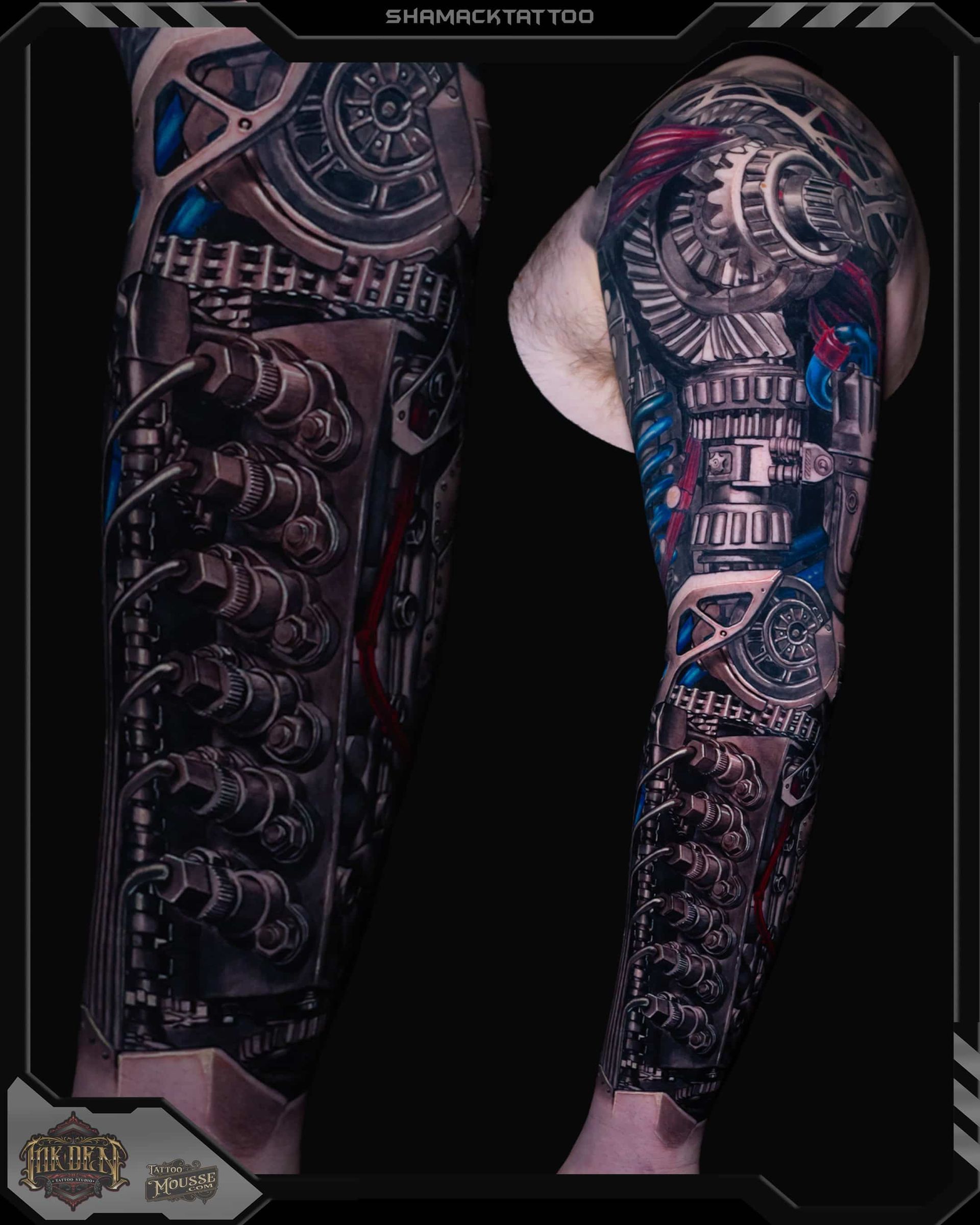 Full-leg tattoo sleeves with intricate black, blue, and pink biomechanical and mandala designs