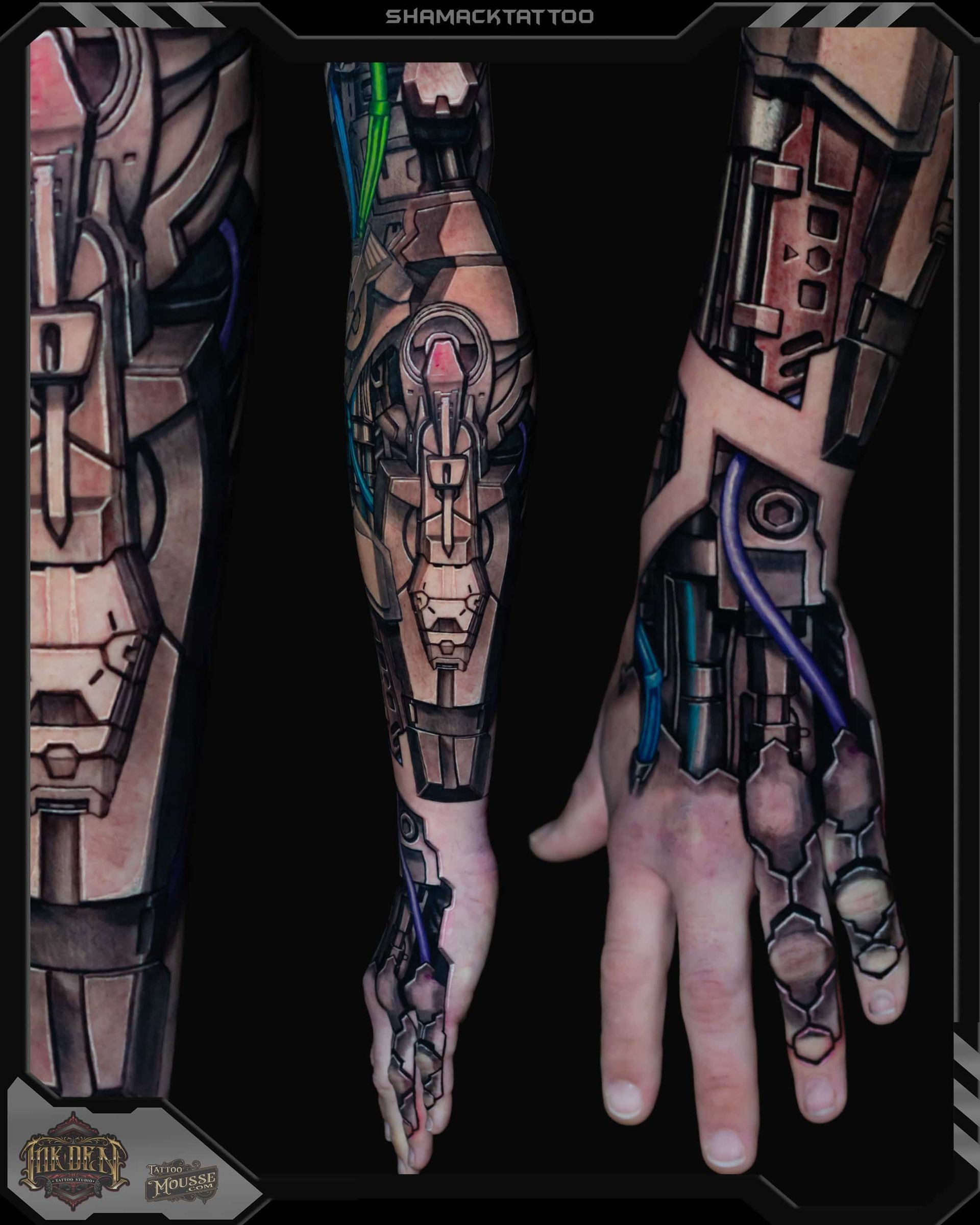 Cybernetic arm and hand concept art with exposed circuitry in black, copper, and blue tones