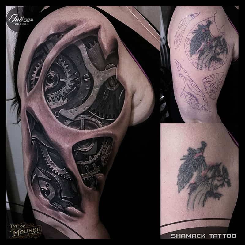 Close-up collage of dark biomechanical tattoo designs on an arm, with detailed gears and creature motifs