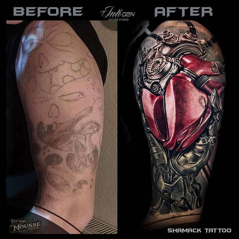 Before-and-after tattoo cover-up on an arm, showing a sketch and a detailed red-and-metal design
