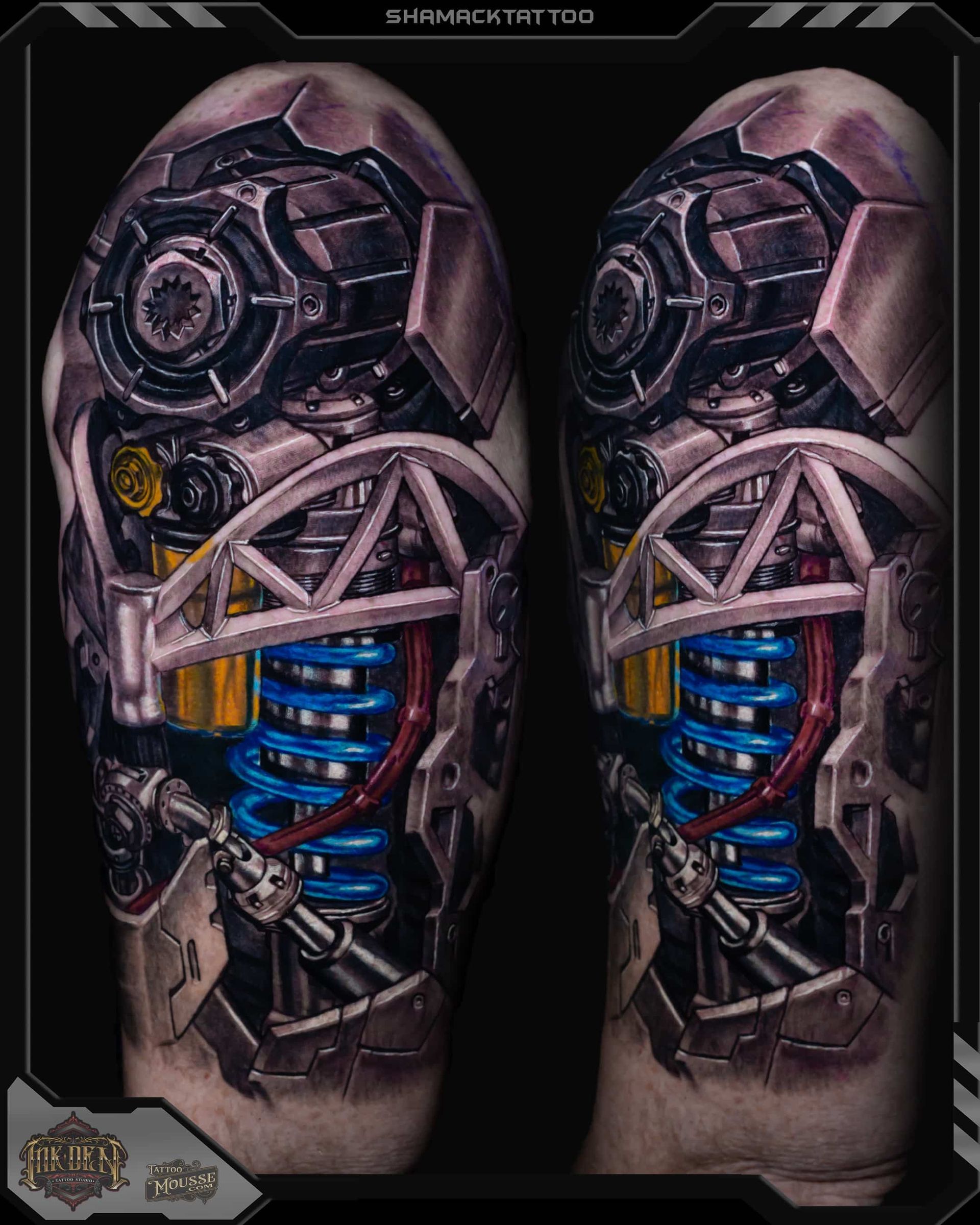 Mechanical sci-fi arm design with exposed blue coils and pink-purple armor panels on a dark background