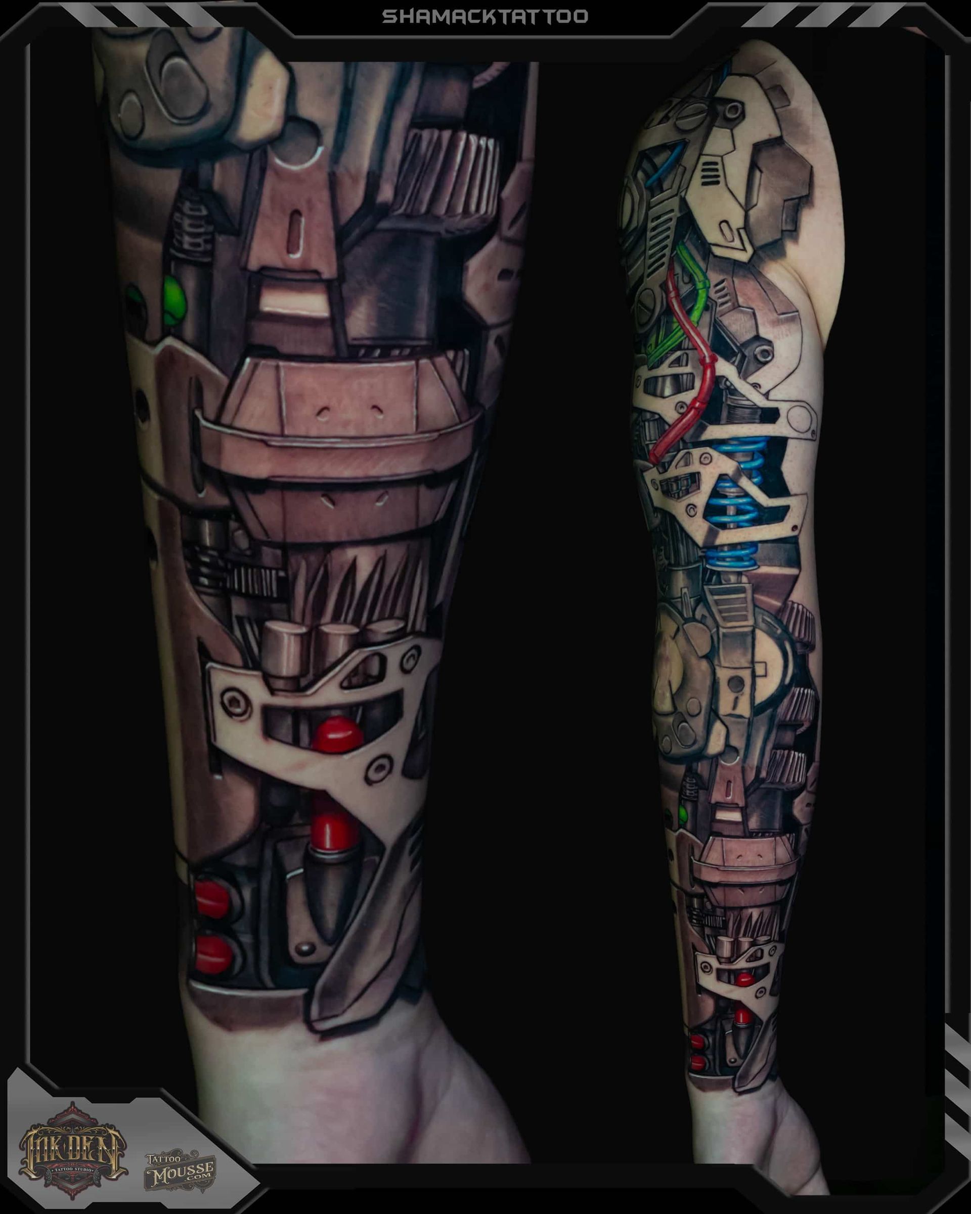 Two tattooed lower legs featuring detailed sci-fi robot and cartoon-style designs on a black background