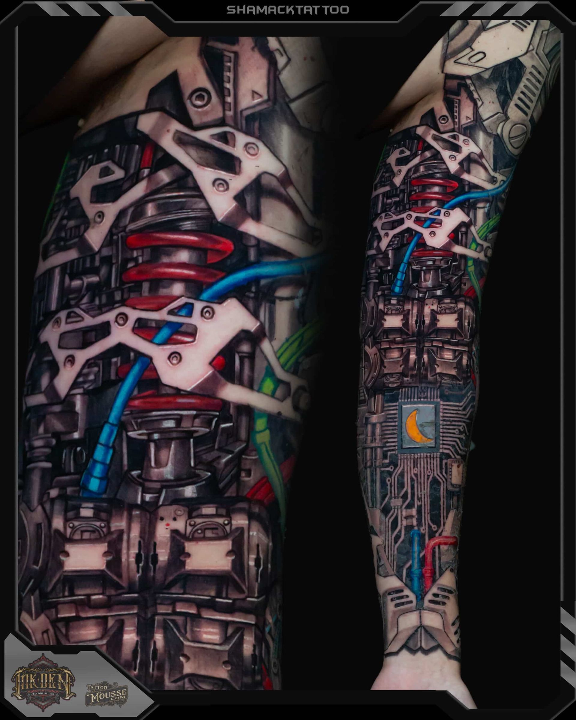 Tattooed forearms with intricate mechanical and red-blue abstract designs on a black background