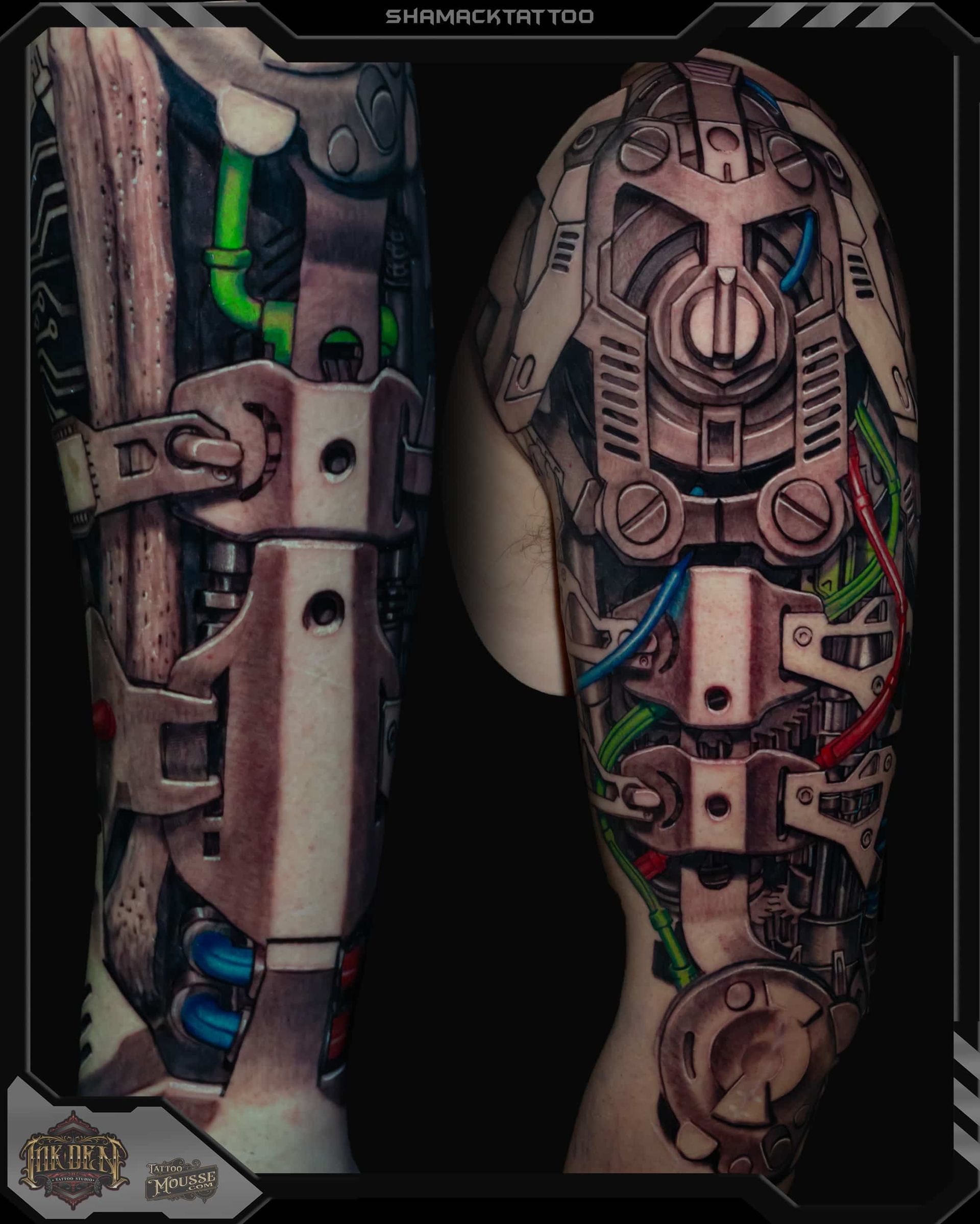Two detailed cybernetic leg prosthetics with green, blue, and red tubing on a dark background