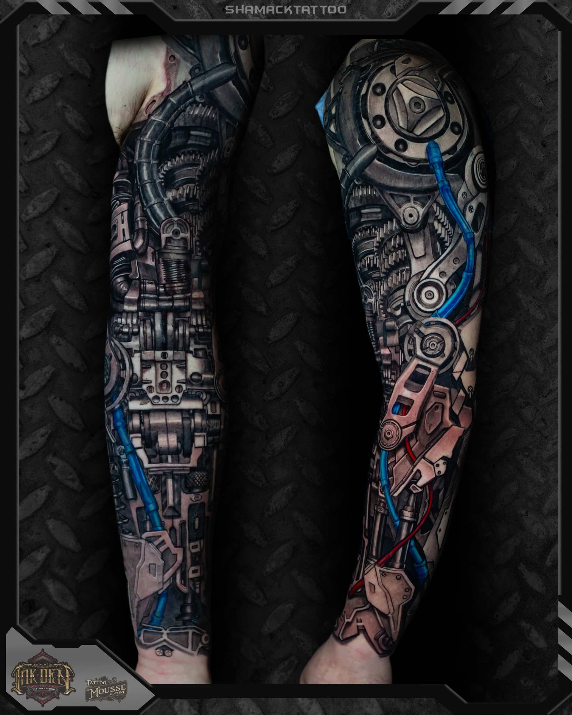 Pair of tattooed arms with intricate mechanical/blue cyberpunk sleeve designs on a dark background