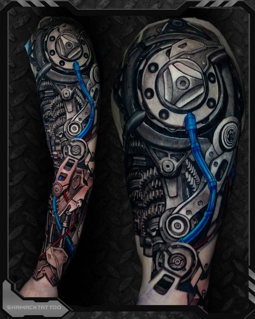 Pair of cyberpunk-style tattooed lower legs with metallic gears and blue cable details
