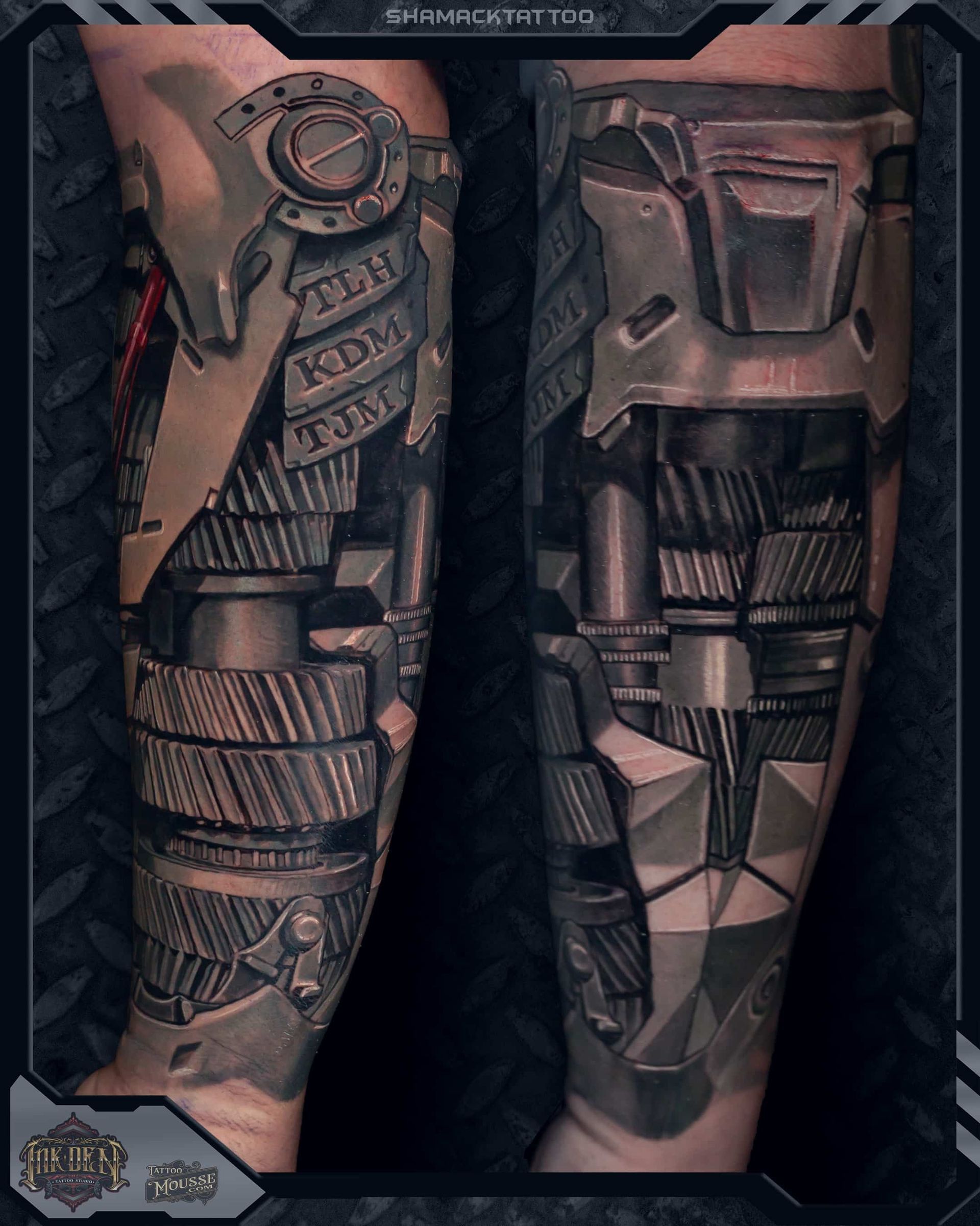 Close-up of two tattooed thighs with detailed black and gray biomechanical armor-style tattoos