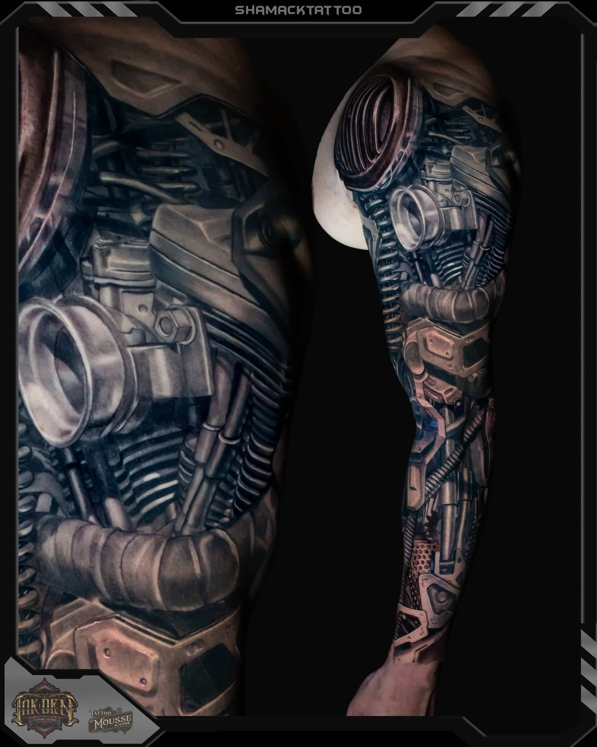 Close-up of a tattooed arm and torso with dark, biomechanical-style body art on a black background.