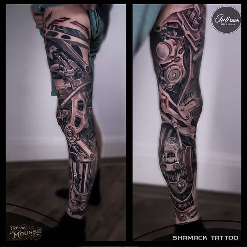 Side-by-side close-up of a detailed black-and-gray mechanical tattoo sleeve on a leg.