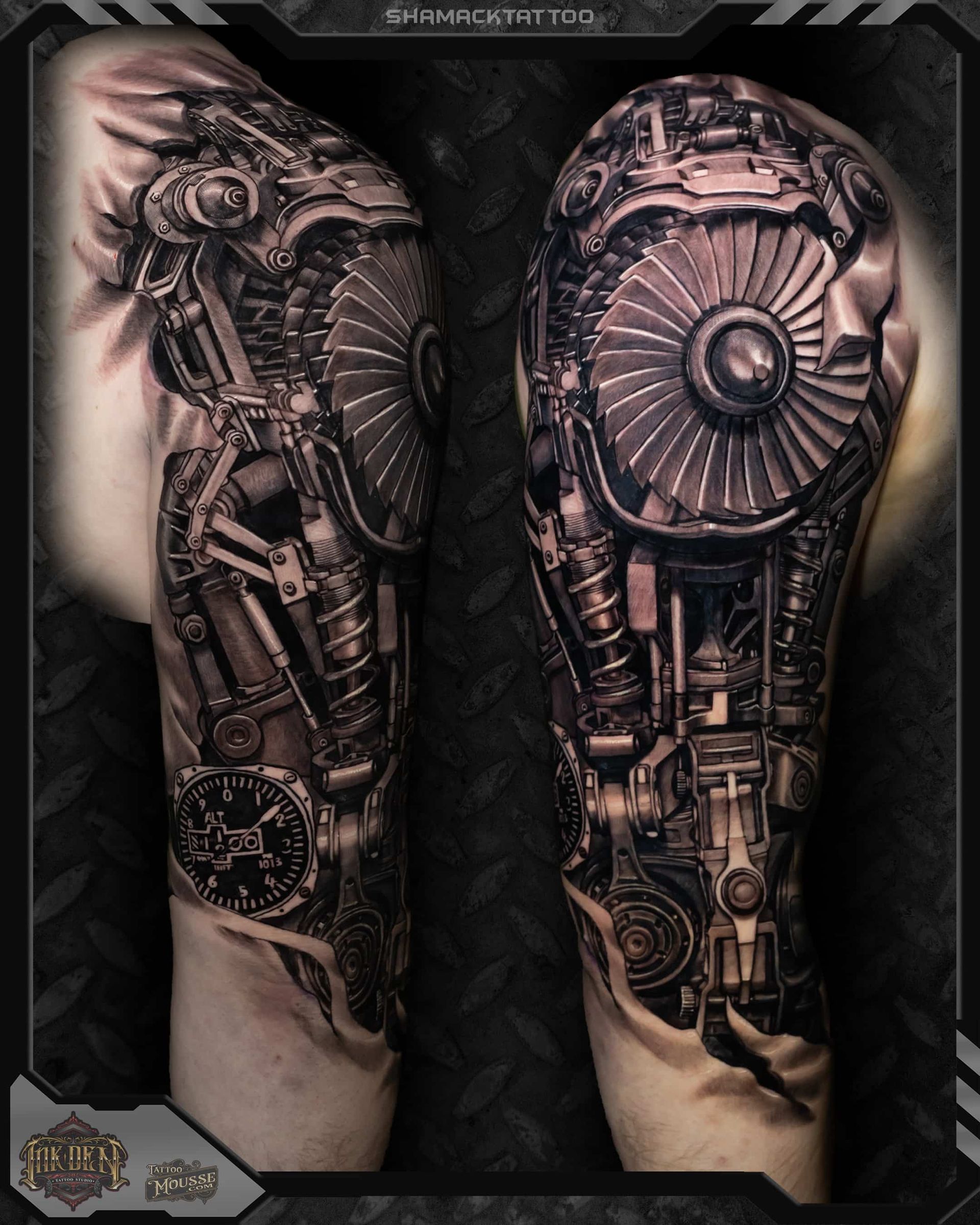 Close-up of two tattooed lower legs with intricate biomechanical black and gray designs
