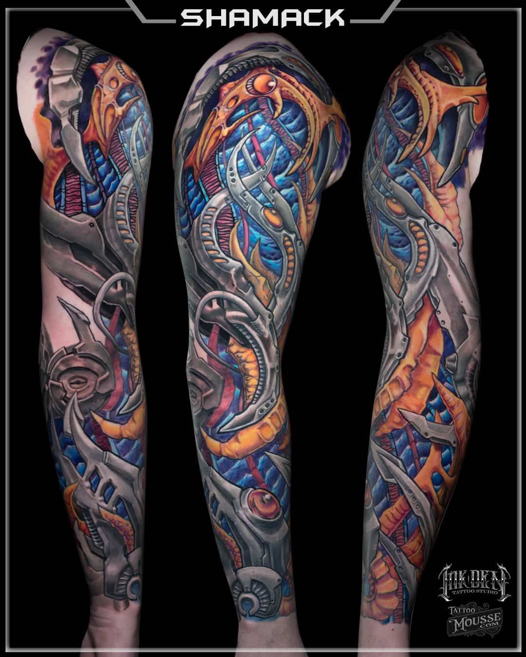 Three views of a full-leg biomechanical tattoo in blue, orange, and gray on a black background