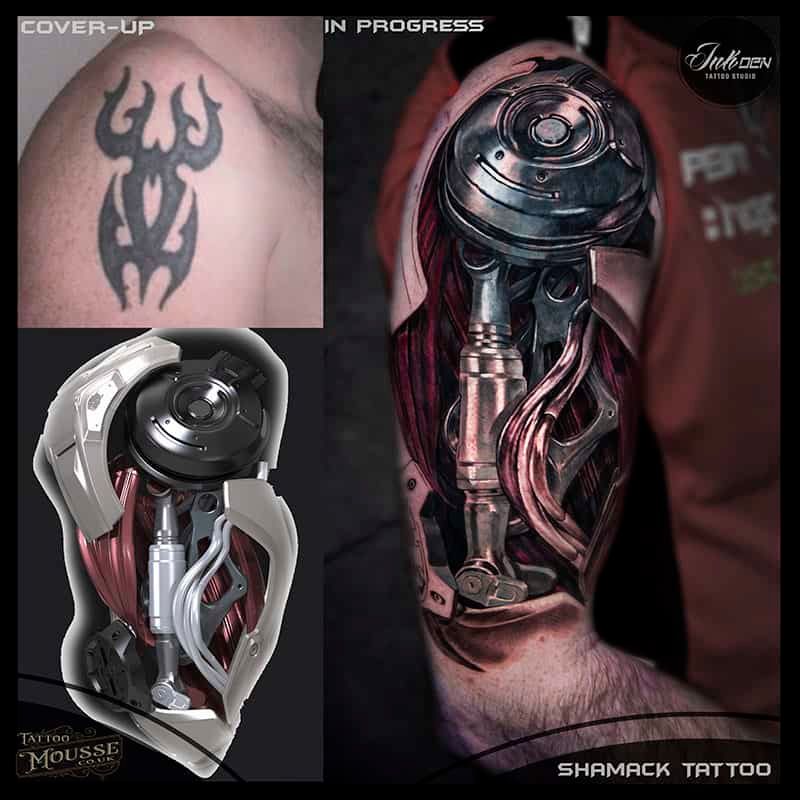 Cybernetic shoulder and arm tattoo design in metallic red, black, and silver, shown with cover-up and progress views