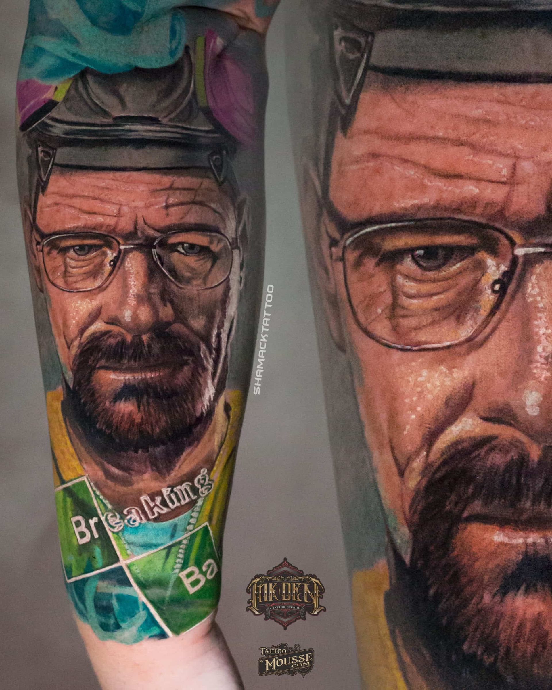 Walter White face graphic on a green-and-gray sock or sleeve design, shown close up.