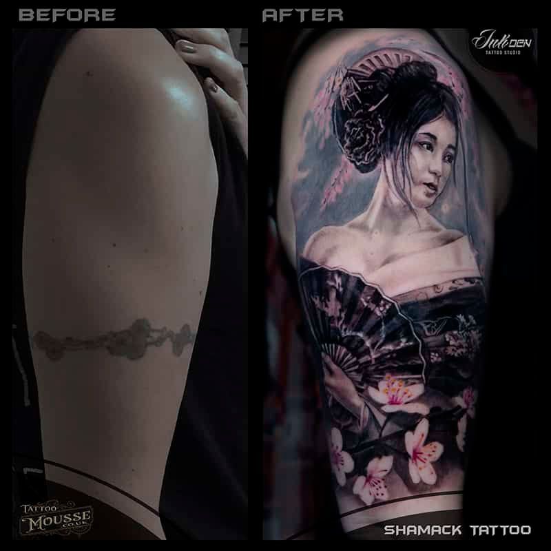 Before-and-after tattoo on upper arm: plain skin changes to a detailed woman-and-floral portrait.