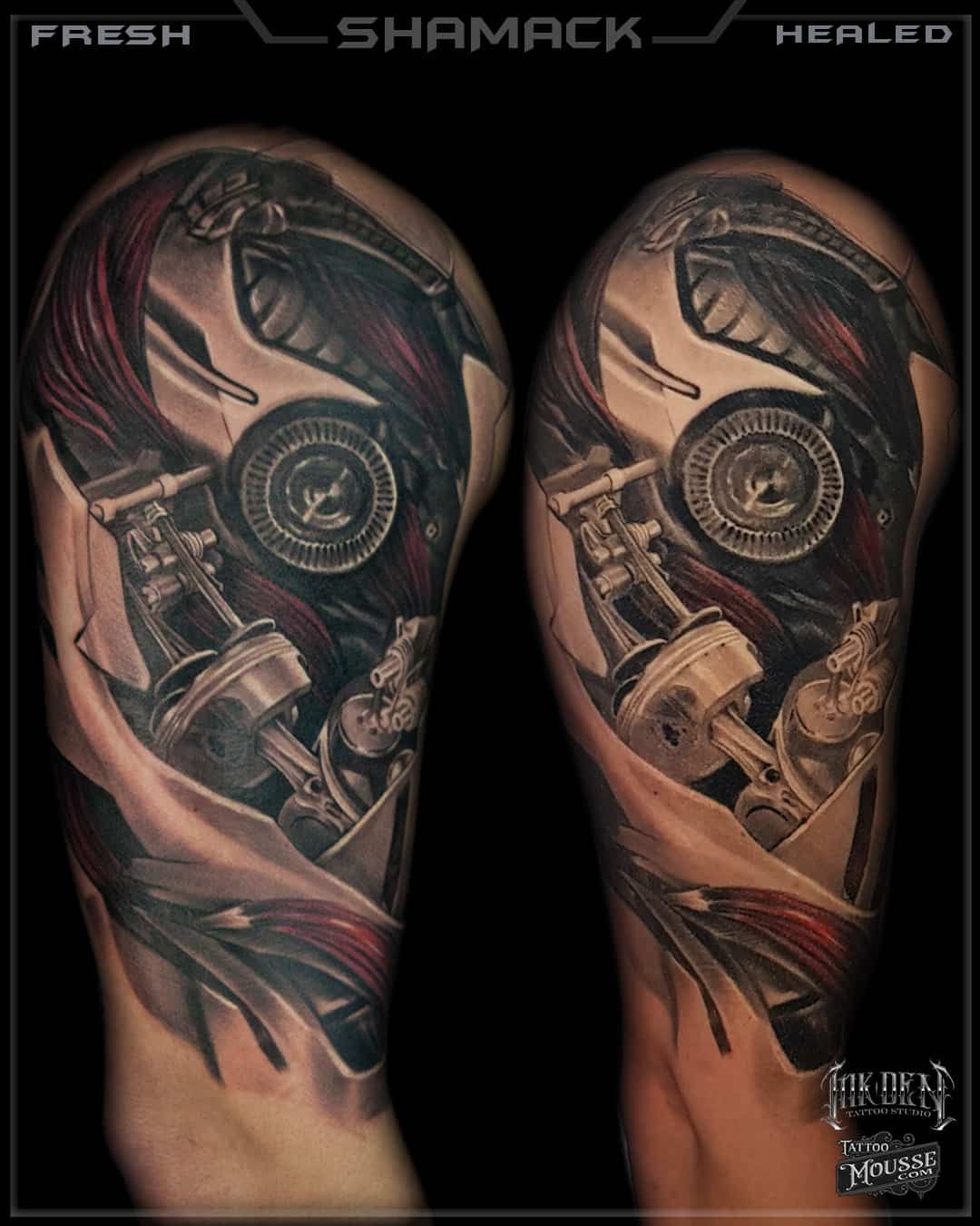 Two healed forearm tattoos showing a mechanical eye with pink, black, and metallic details