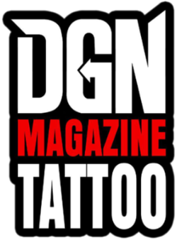 DGN MAGAZINE TATTOO logo in bold black, red, and white text on a black background