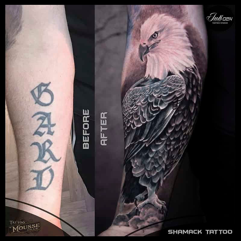 Before-and-after tattoo: forearm text transformed into a detailed bald eagle design.