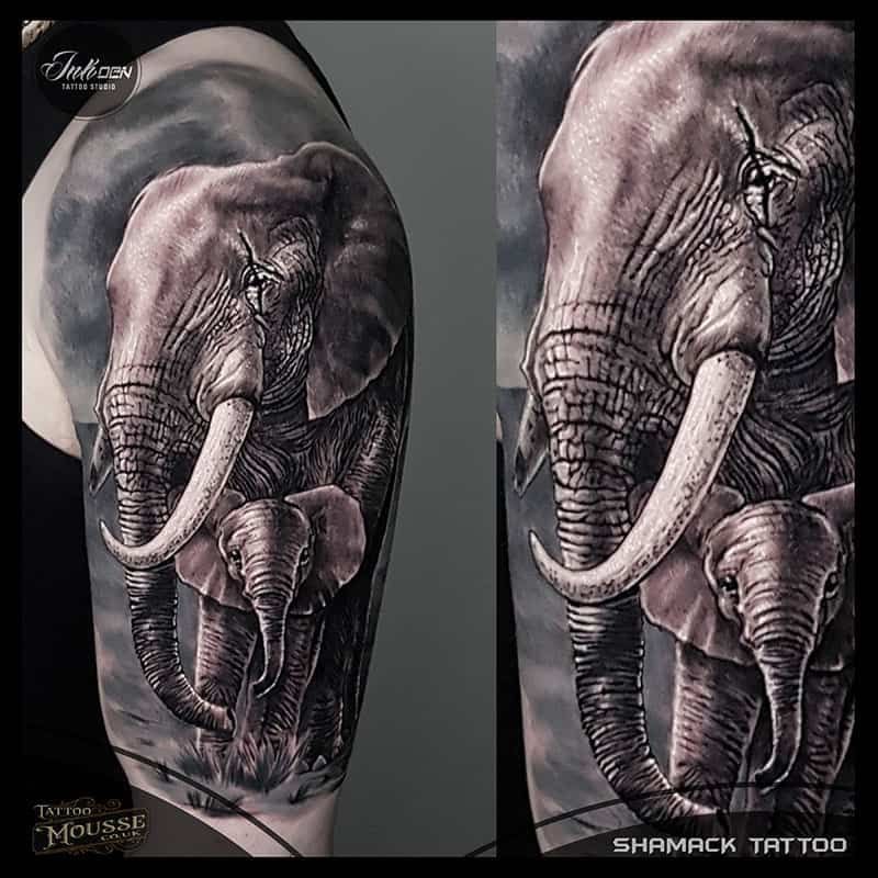 Black-and-gray elephant tattoo sleeve with adult and baby elephants in a detailed realistic style