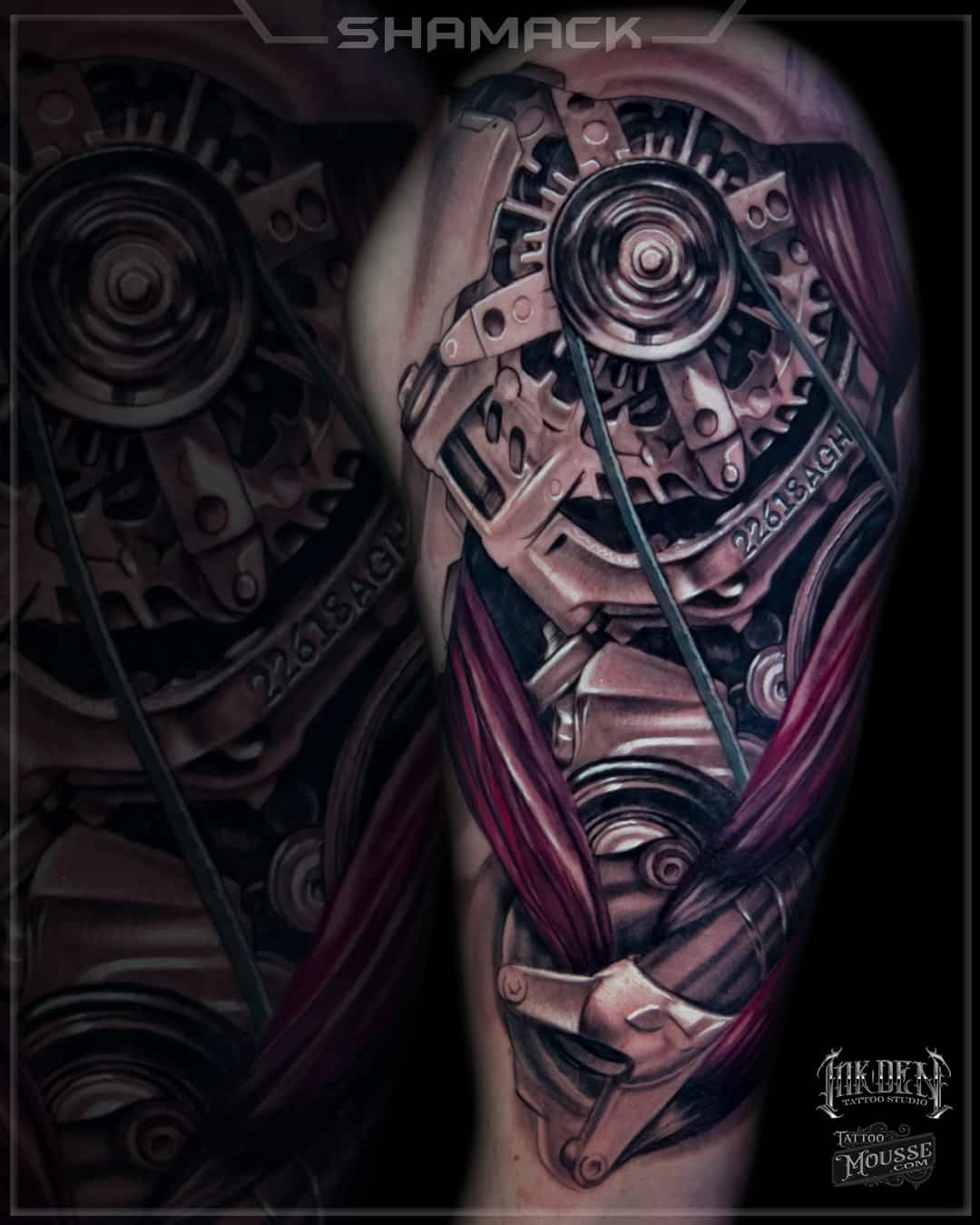 Dark mechanical abstract portrait in black and purple with metallic gears and cables