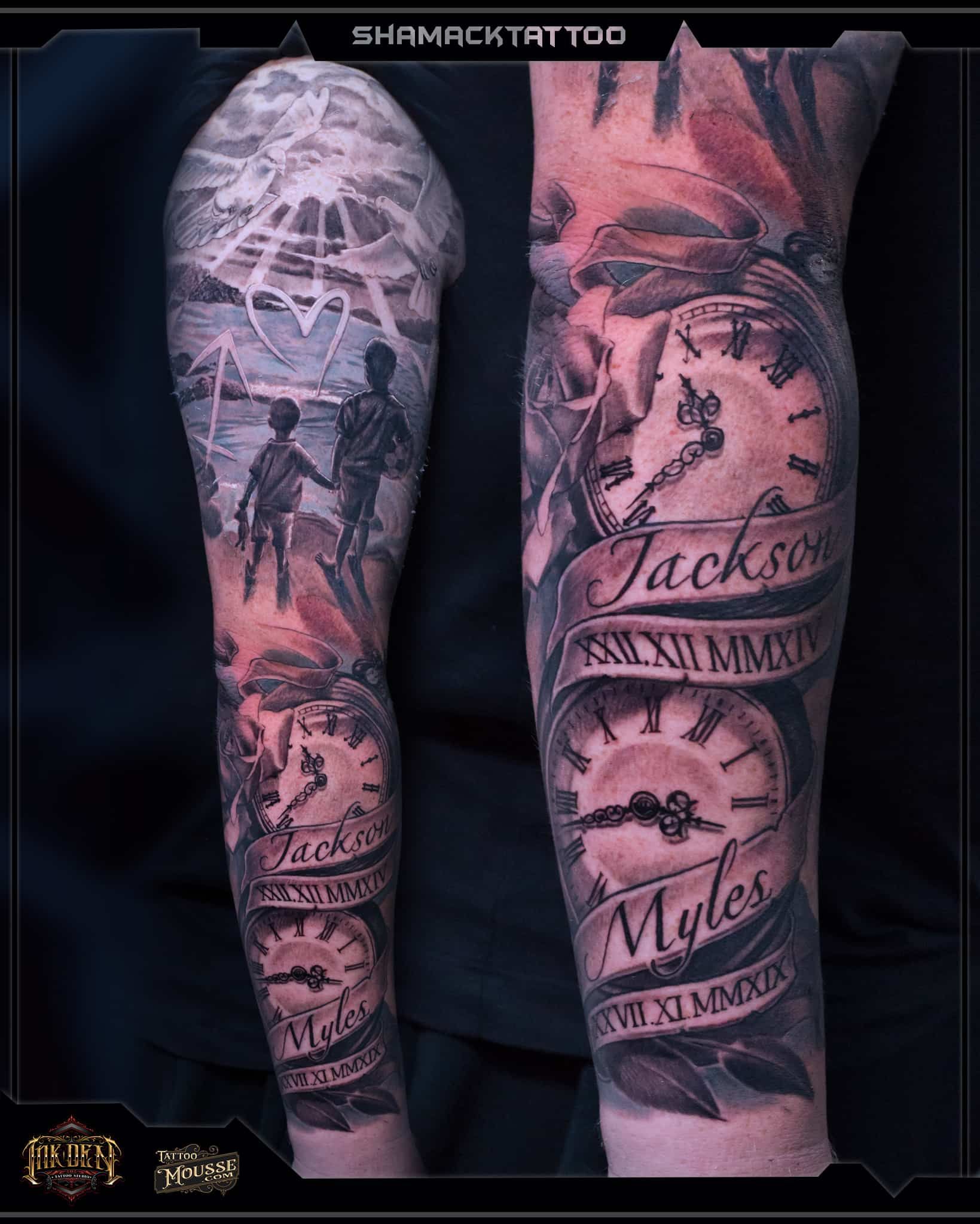 Pink and black full-sleeve tattoo design on two forearms, featuring script, portraits, and floral details.