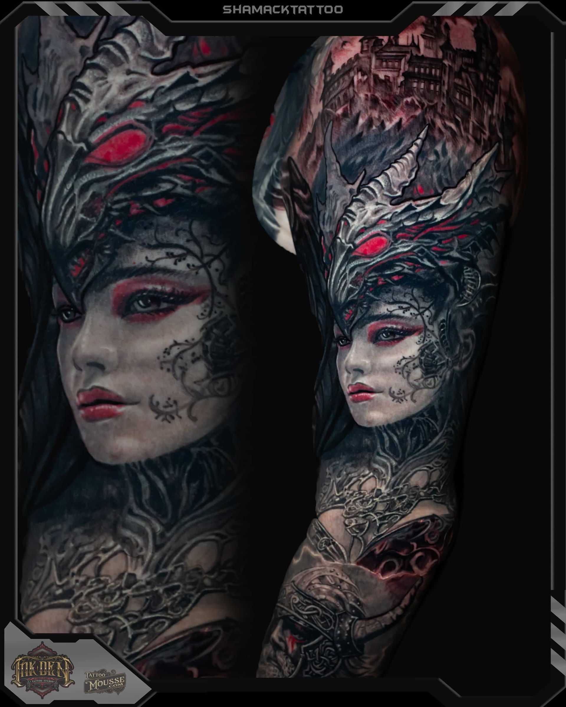Dark fantasy tattoo design of a woman’s face with red accents and ornate black-gray body art