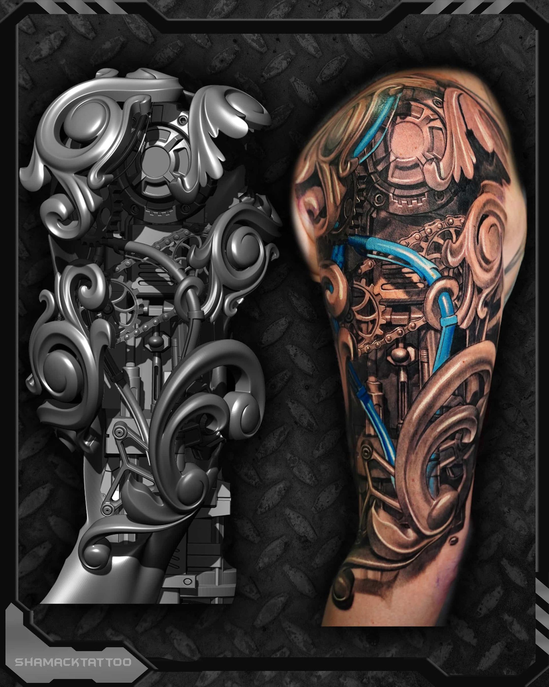 Side-by-side arm tattoos: a silver mechanical design and a copper-and-blue biomechanical sleeve on dark background