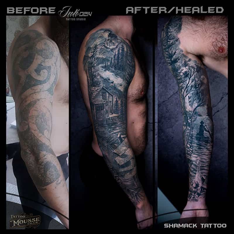 Before-and-after tattoo healing on a full arm, showing darker, detailed artwork after healing.