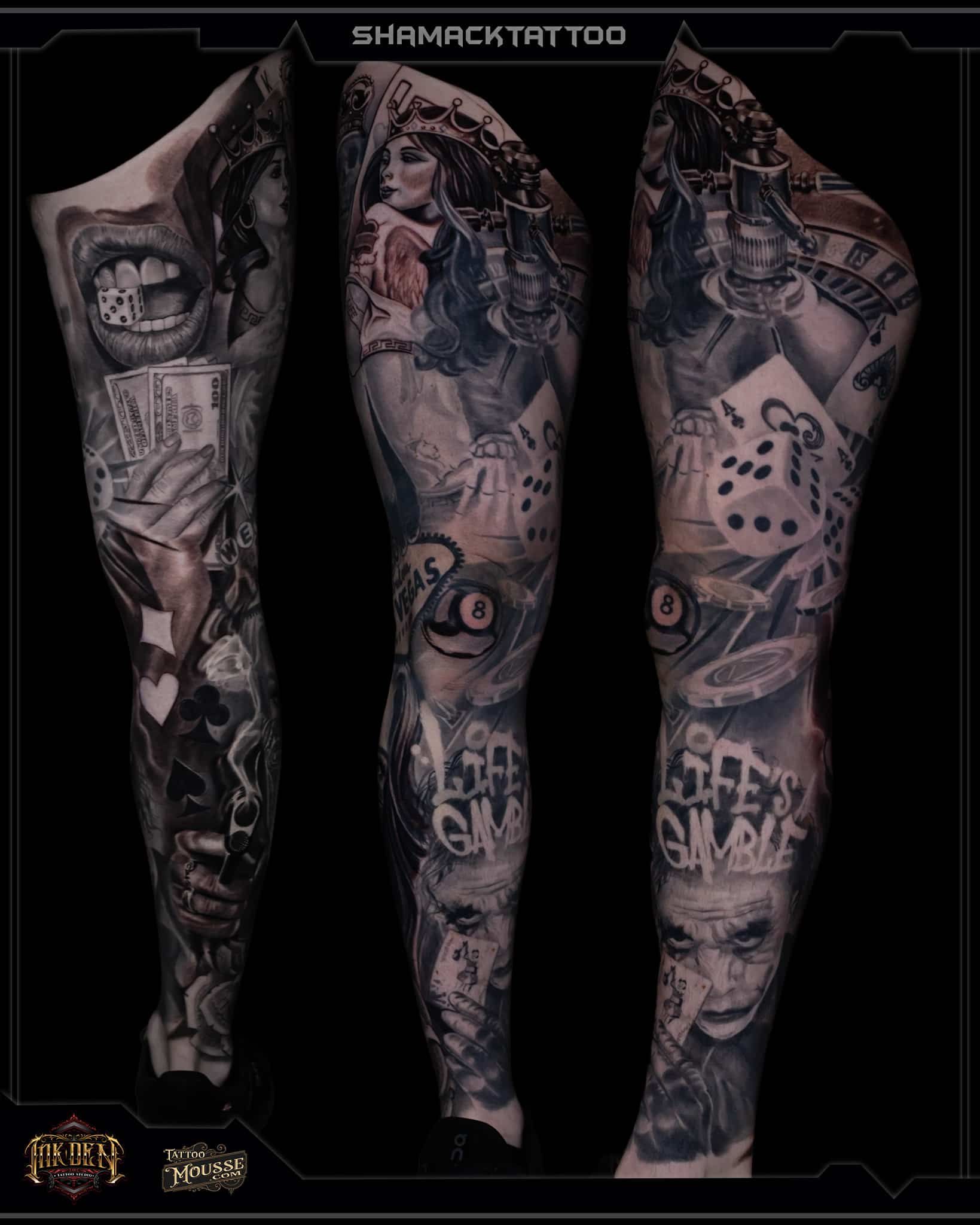 Three tattooed lower legs shown from different angles on a black background.