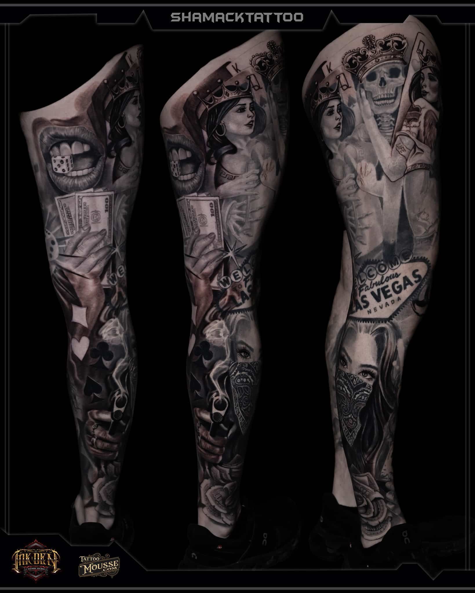 Three tattooed arms displayed side by side on a black background, showing full-sleeve designs.