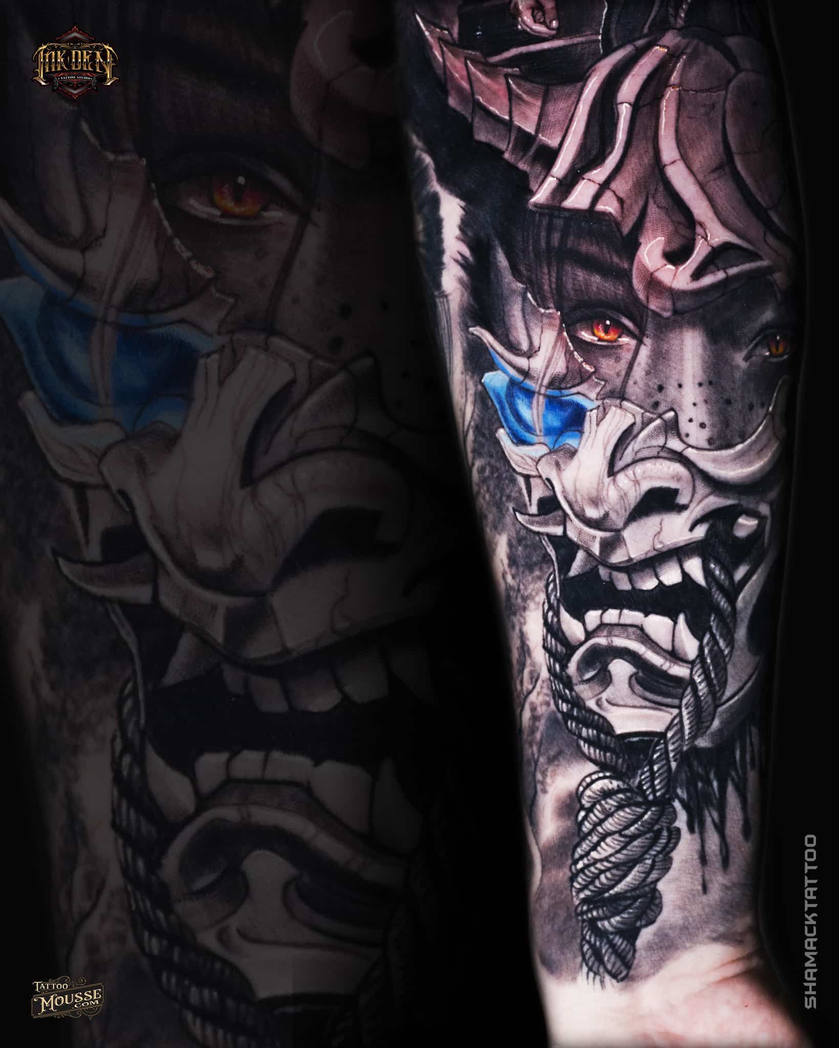 Split-screen tattoo design: a dark demon face with blue eye and white horned skull mask.