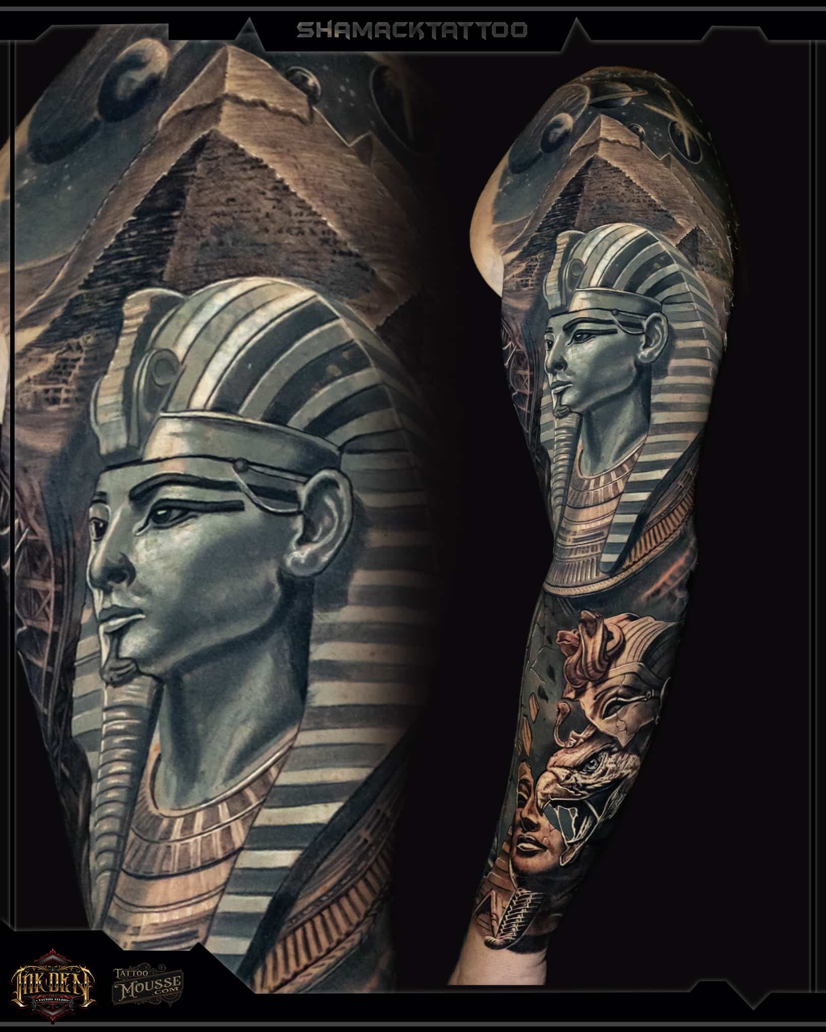 Egyptian pharaoh tattoo design on forearm, black and tan ink with striped headdress and profile face