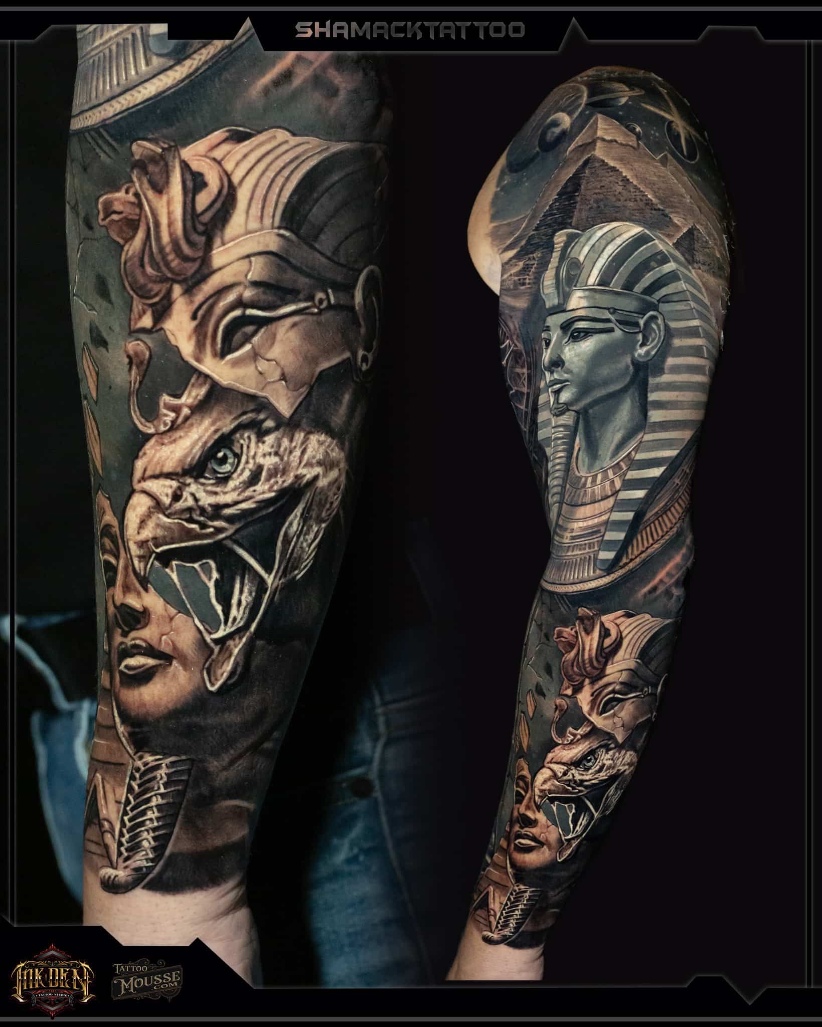 Tattoo sleeve designs featuring Egyptian pharaohs and a skull in dark, detailed black and gray ink